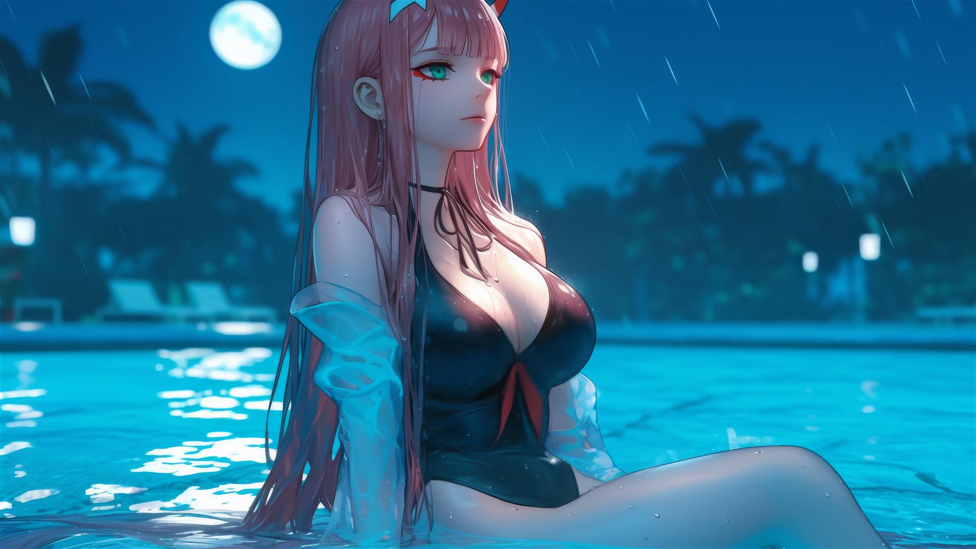 Zero Two from DARLING in the FRANXX resting by a rainy swimming pool under moonlight.