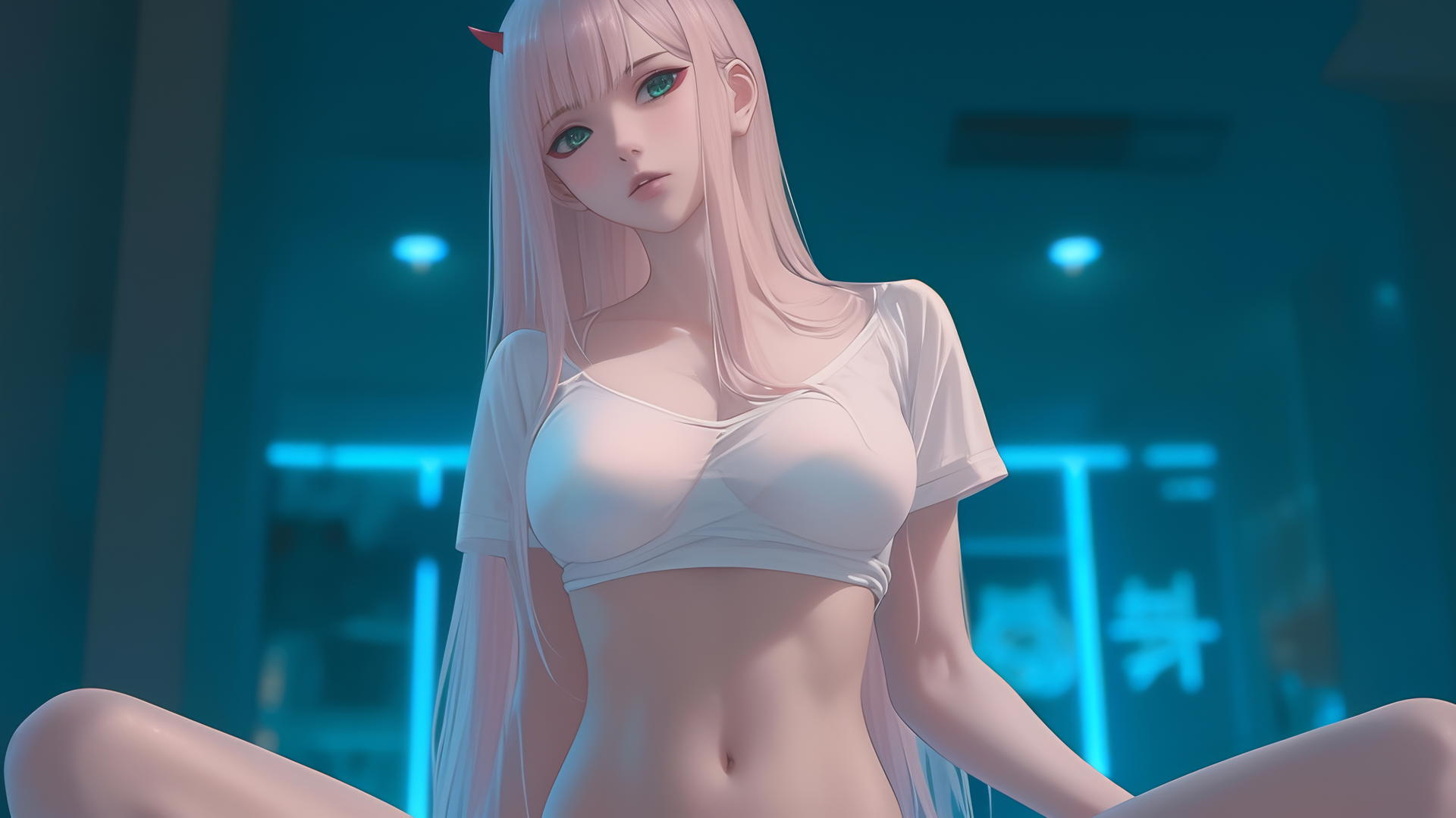 Zero Two from DARLING in the FRANXX kneeling and leaning with pink hair, hotel ceiling background.