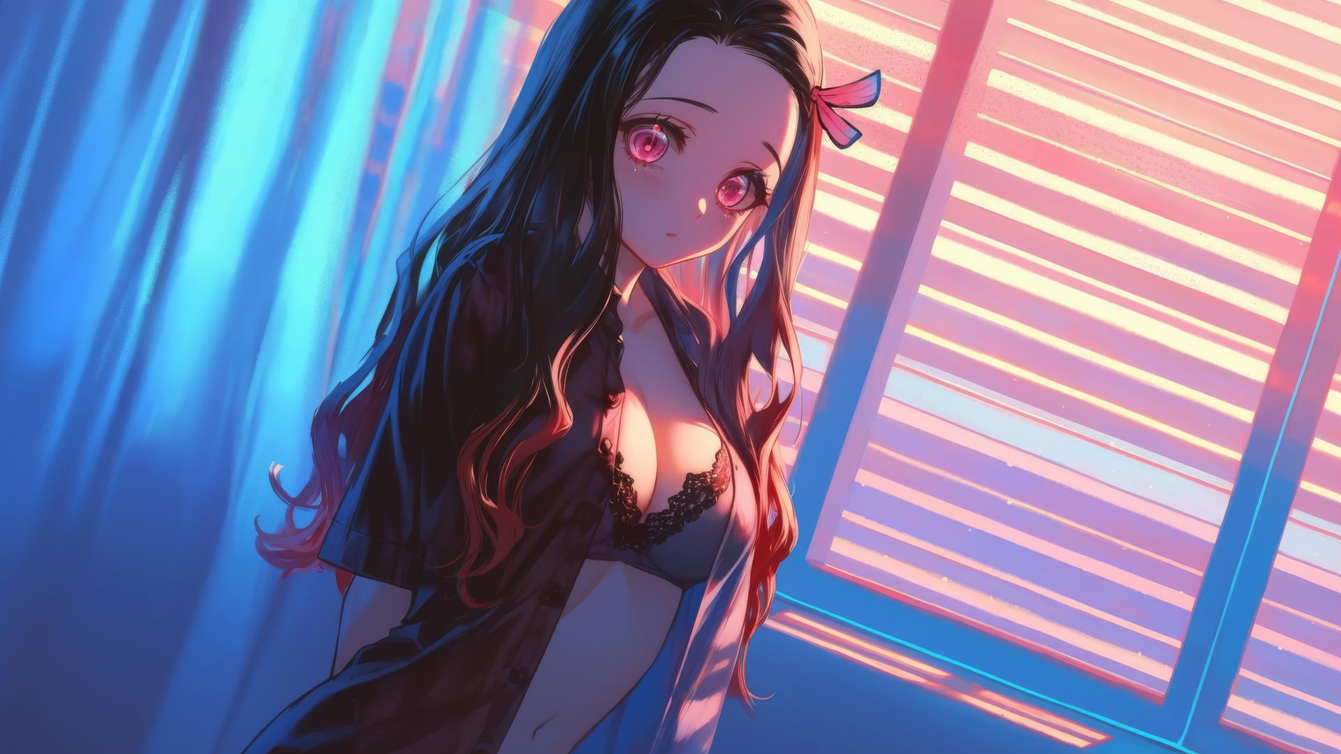 Nezuko from Demon Slayer in office shirt, standing at sunrise in modern apartment with warm light
