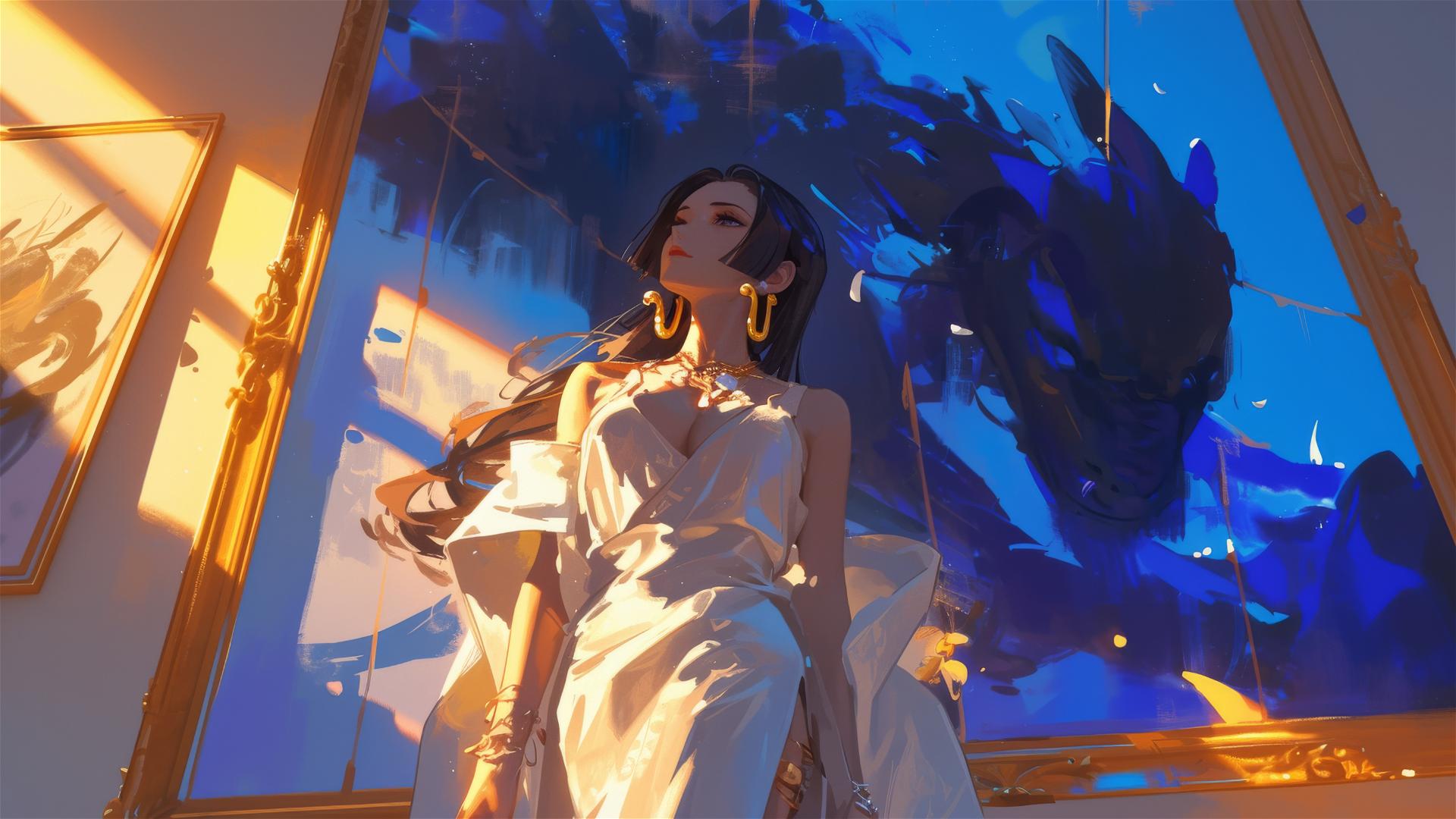 Boa Hancock from One Piece in art gallery under soft lights