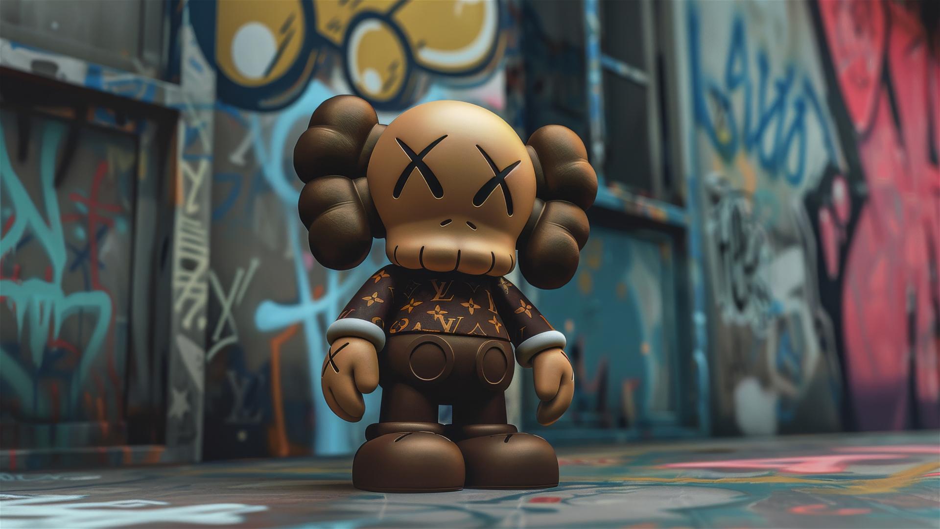 Cartoon 2D art featuring Louis Vuitton Kaws with an emoji-like puppy face
