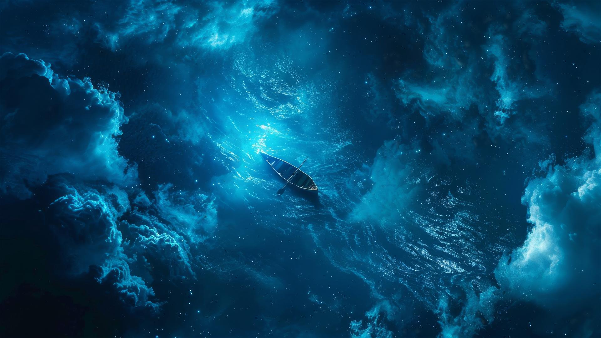 Man in a canoe on glowing blue water under dark clouds