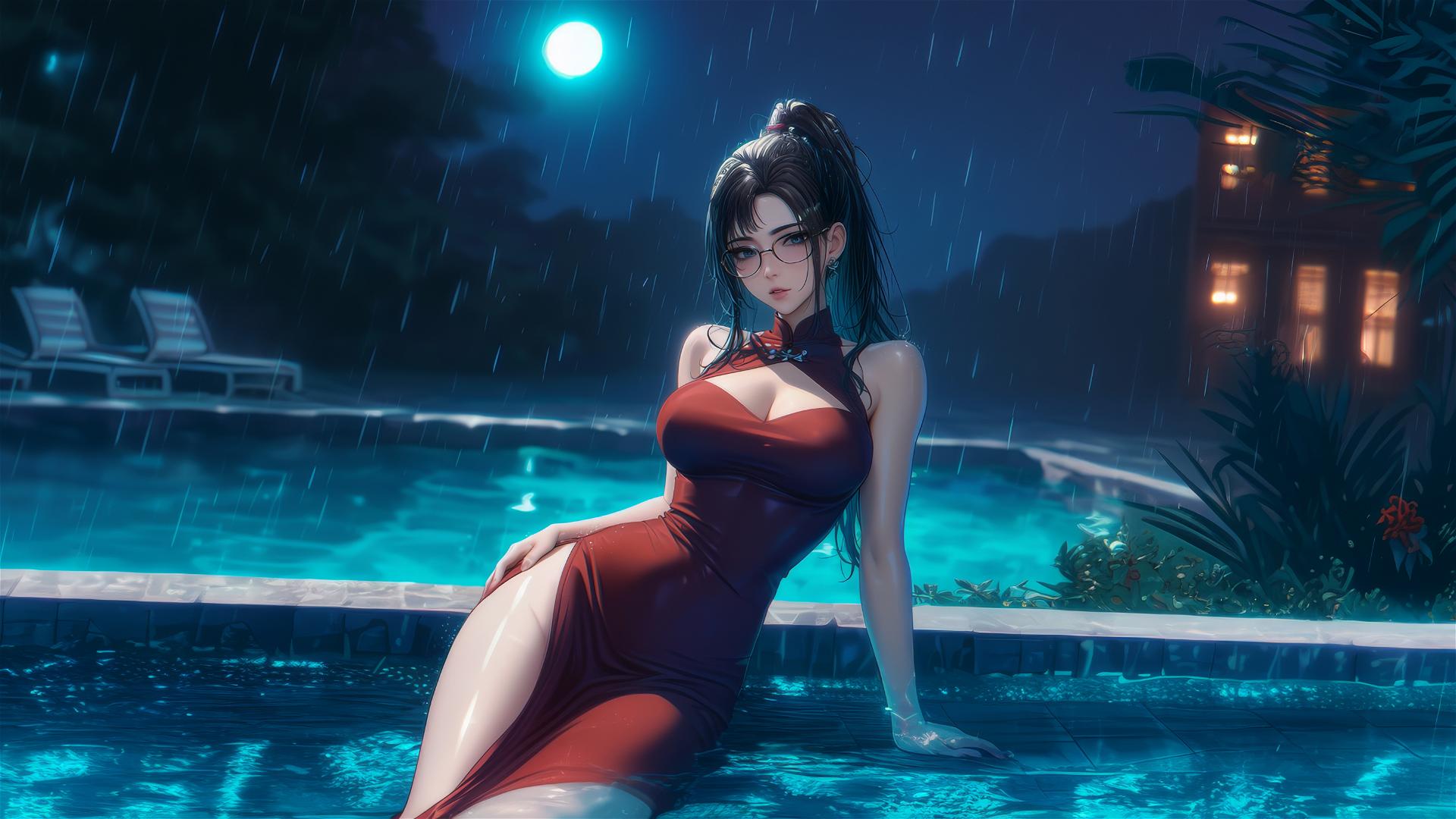 Maki Zenin from Jujutsu Kaisen resting by a pool in moonlight, in a red dress.