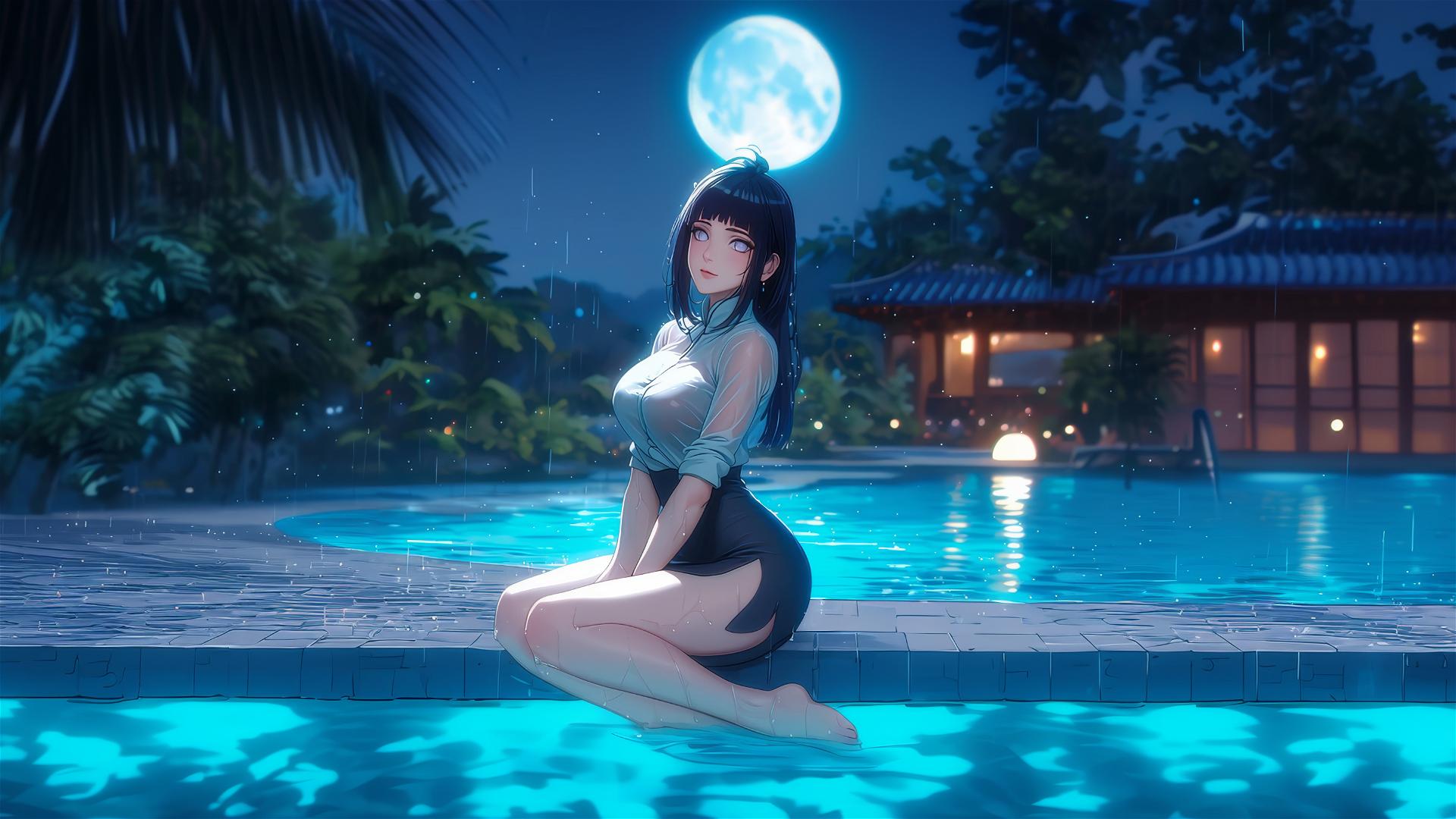 Hinata Hyuga resting by a rainy swimming pool under moonlight