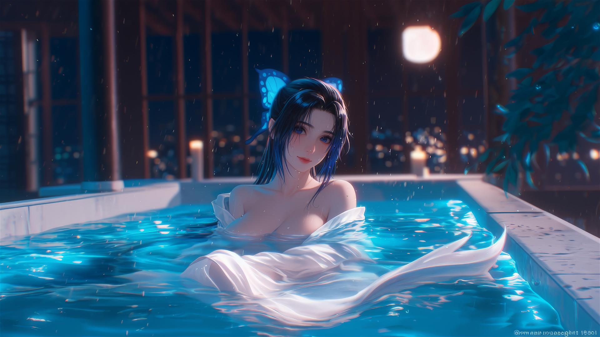 Shinobu Kocho from Demon Slayer resting in a tub with moonlight glow.