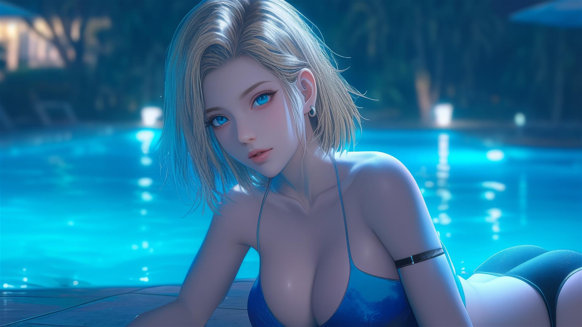Android 18 resting by a rainy swimming pool with moonlight.