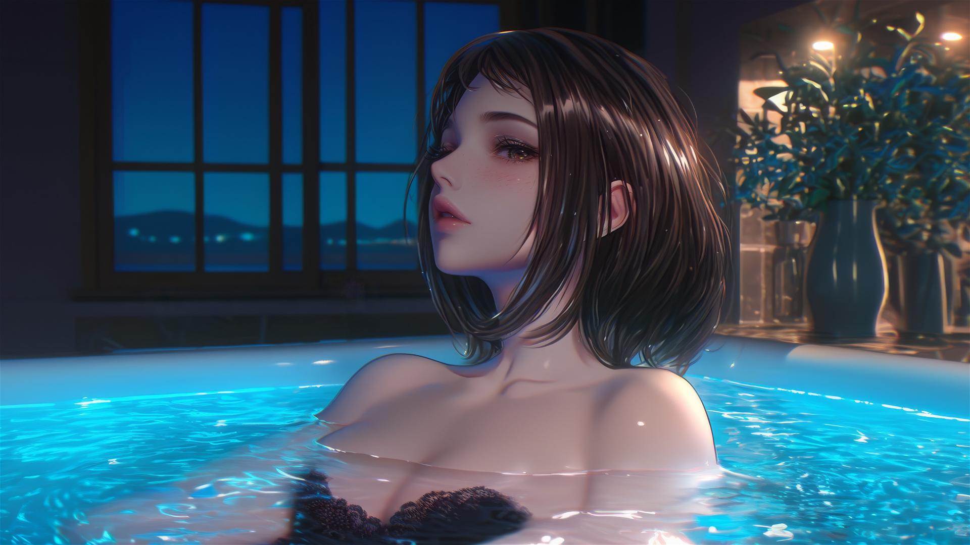 Ochaco Uraraka from My Hero Academia in a tub, warm light, soft glow.