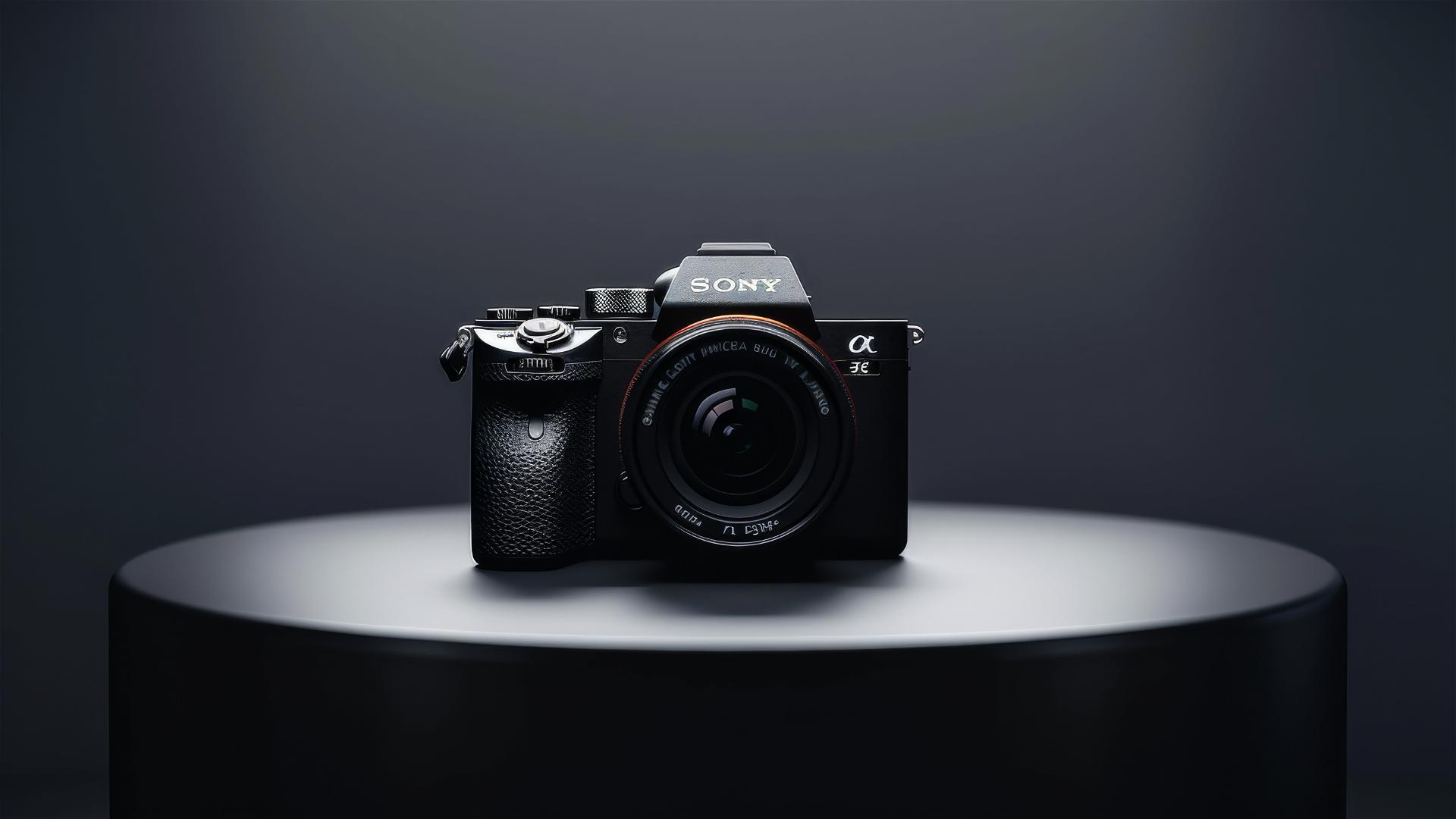 Sony Alpha camera on a black and white round table with light reflections.