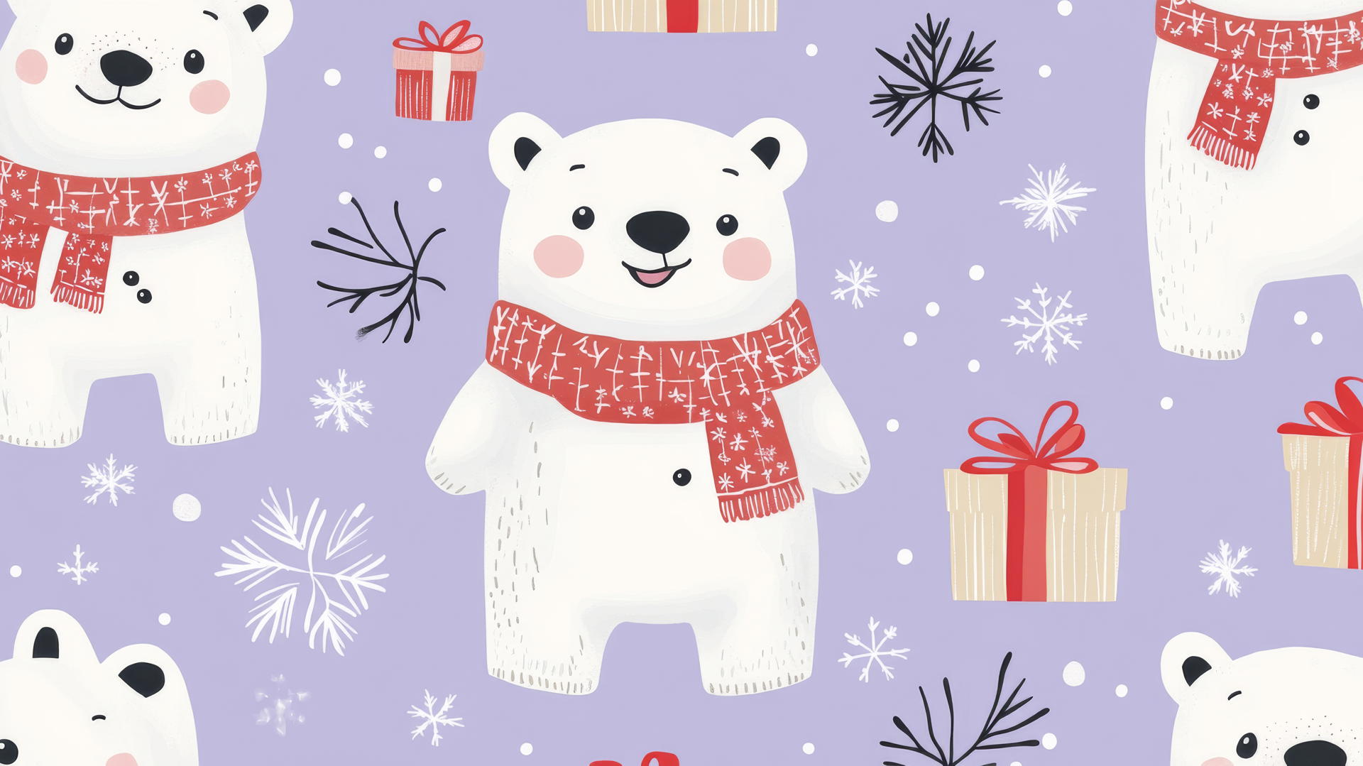 cute Christmas wallpaper preppy with polar bears, scarves, snowflakes, and presents