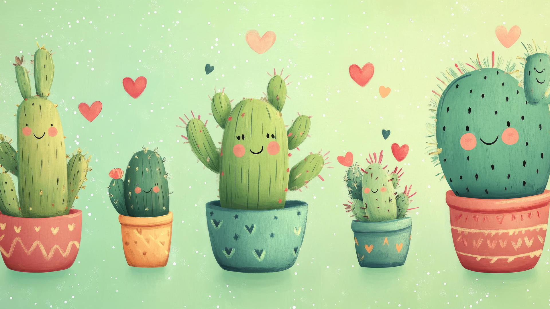 cute green wallpaper with smiling cacti in colorful pots on light green background