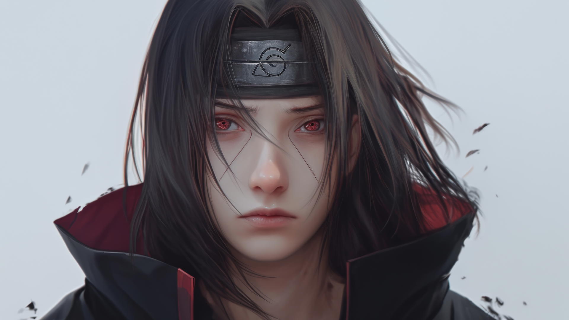 Itachi Uchiha drawing in hyper-realistic style with detailed face, hair, and cloak