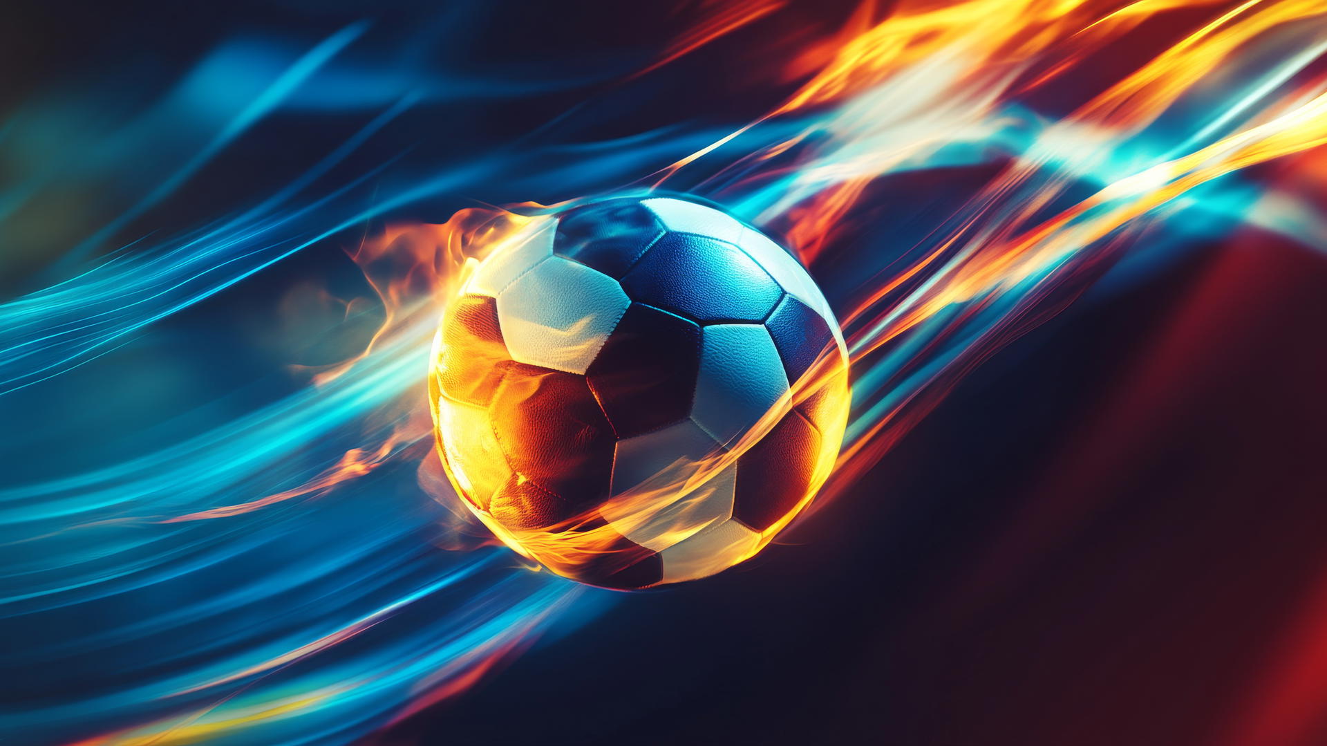 Close-up of a glowing football mid-flight with light streaks on dark background