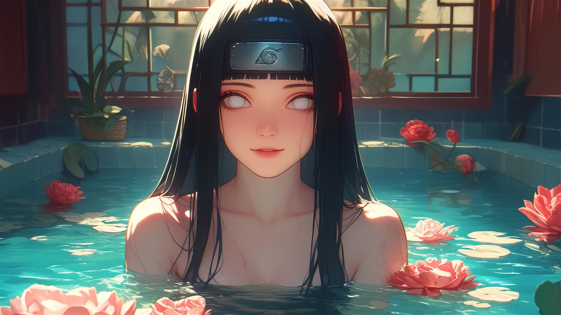 Hinata Hyuga from Naruto inside a tub full of flowers at a Chinese spa with white eyes