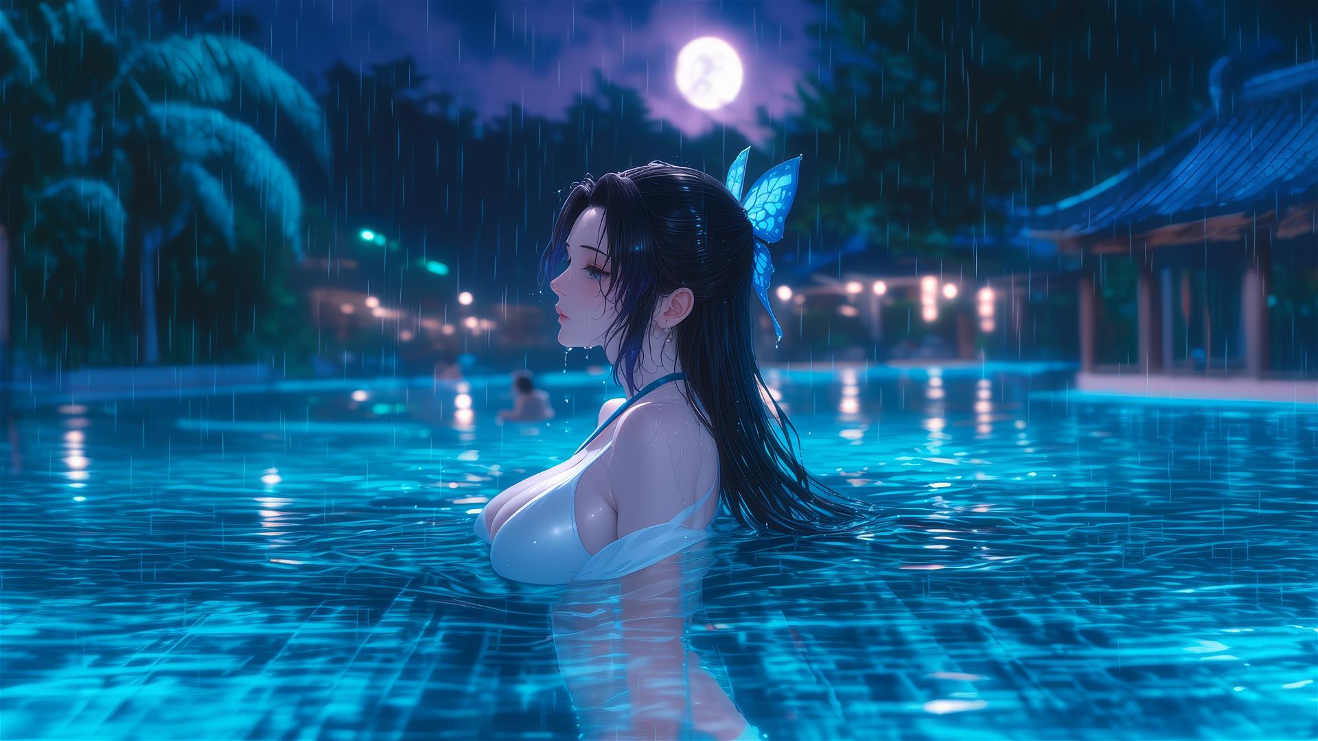 Shinobu Kocho from Demon Slayer standing in a rainy swimming pool at night with moonlight.