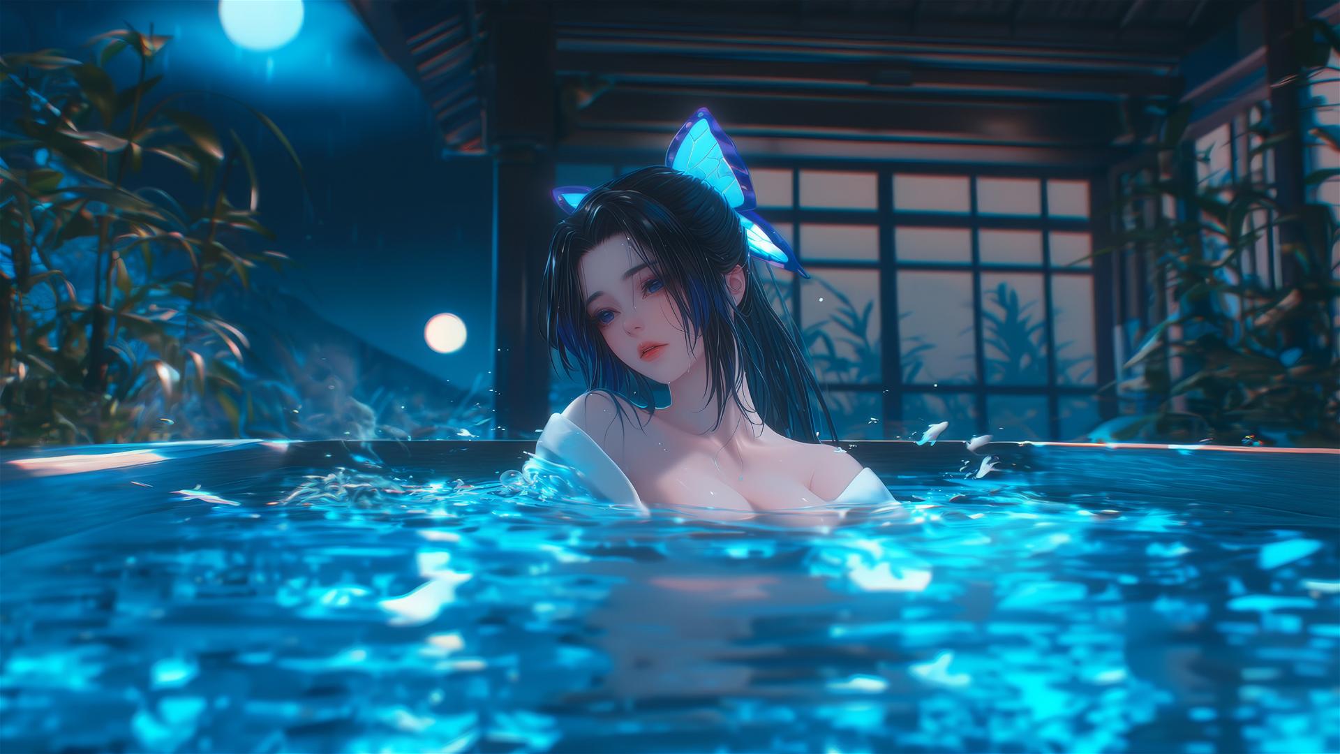 Shinobu Kocho resting in a tub under moonlight
