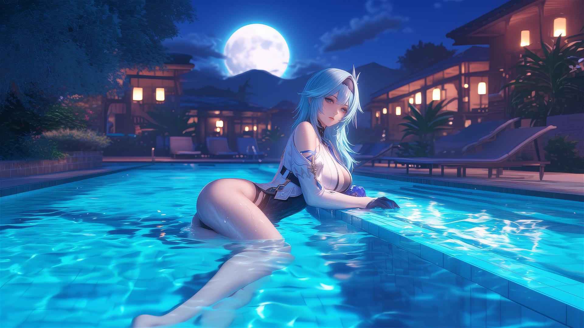 Eula Lawrence from Genshin Impact resting by a swimming pool under moonlight.