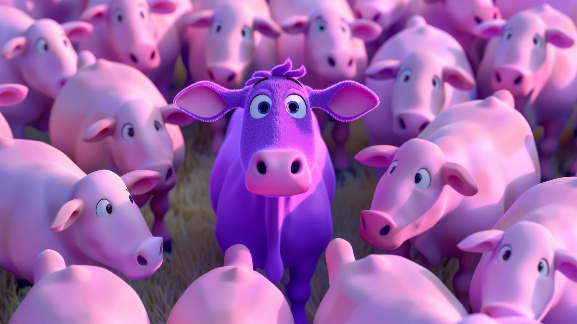 Purple cow among plain cows, cartoon Pixar style