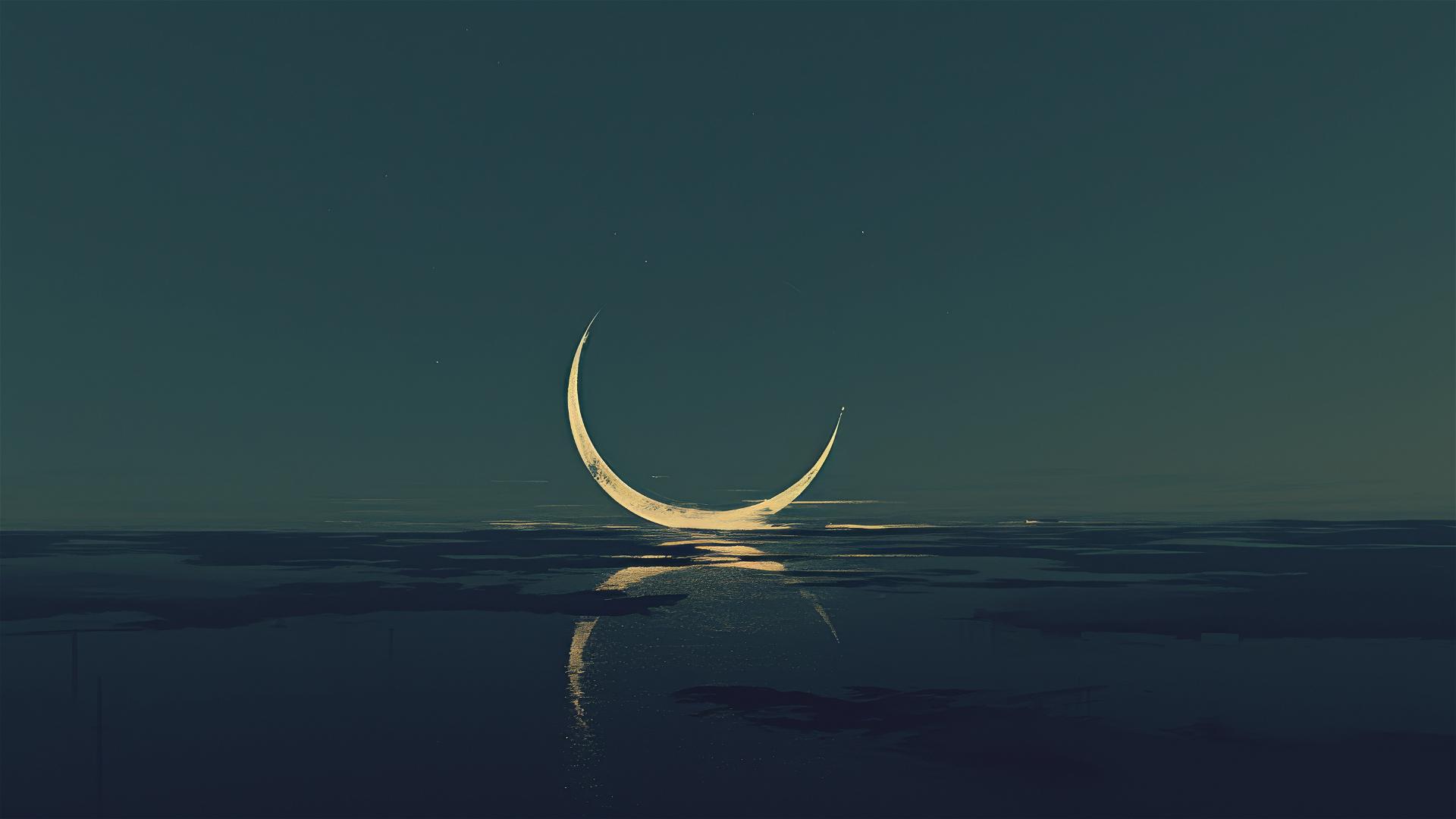 Pure dark background with a thin crescent moon hanging low