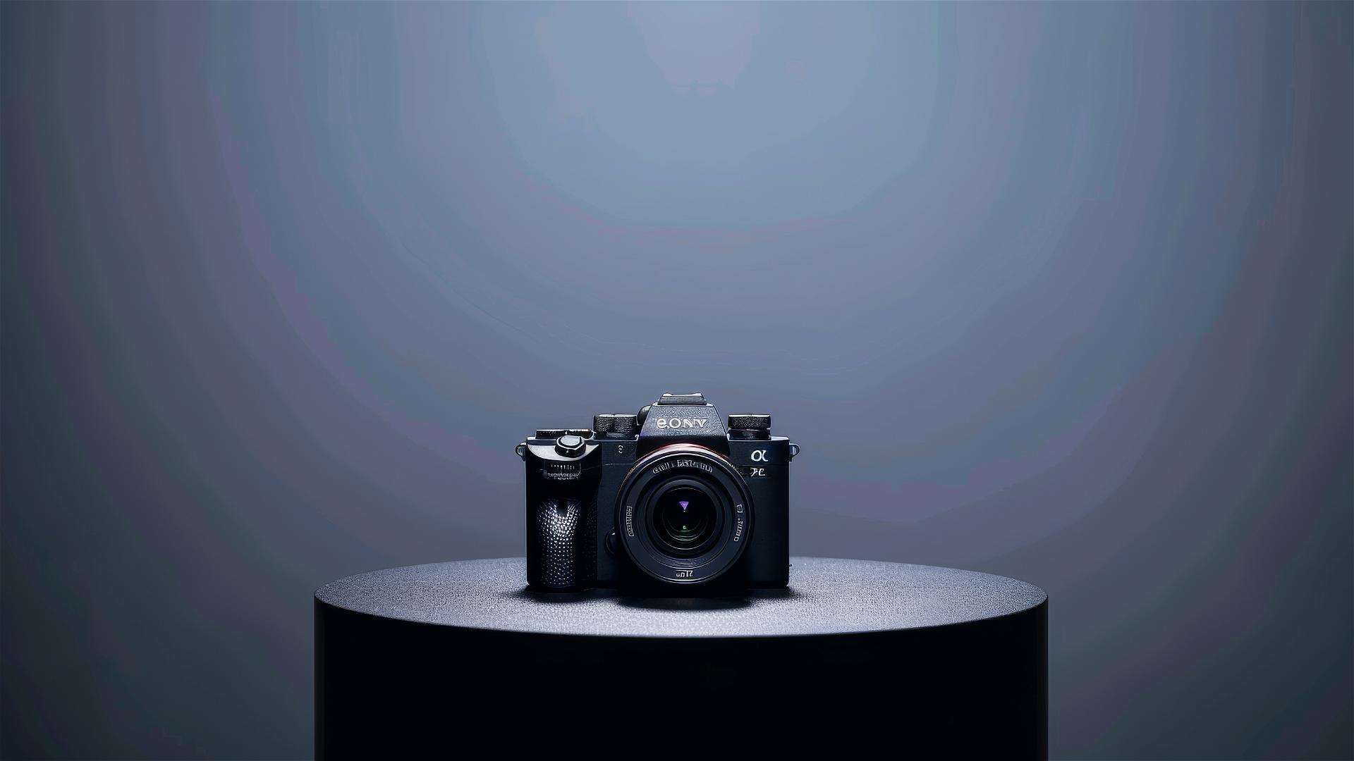 Sony Alpha camera on a round black and white table in a studio