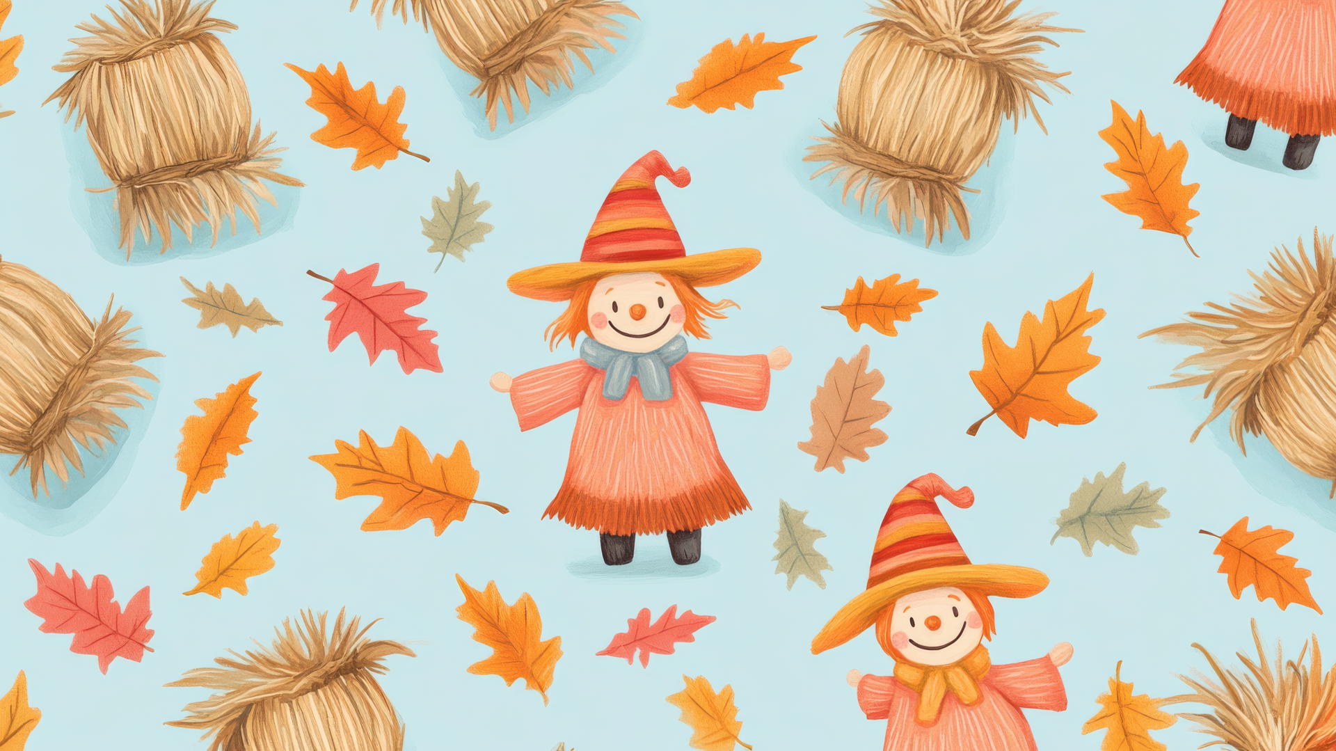 preppy fall wallpaper with cartoon scarecrows, hay bales, and fall leaves on light blue