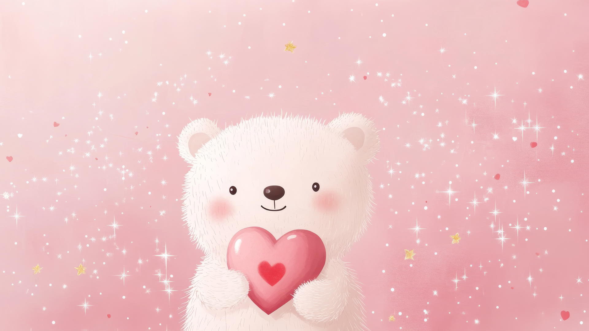 Pink wallpaper cute with cartoon bear holding a heart and surrounded by stars