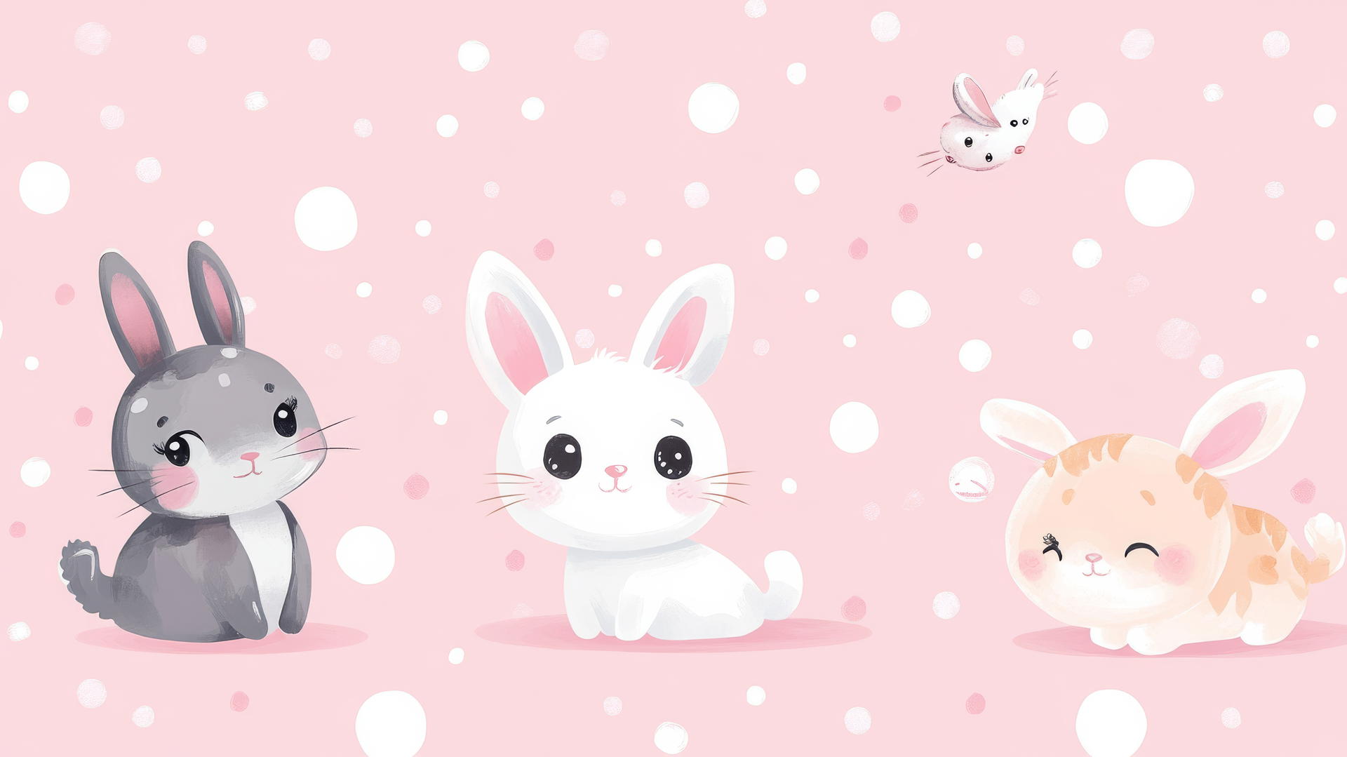 cute pink wallpaper with adorable cartoon bunnies and kittens on a vibrant pink polka-dotted background