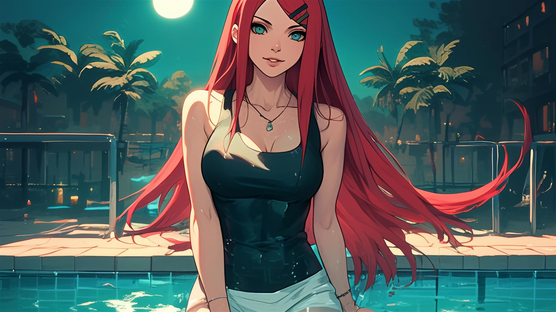 Kushina Uzumaki in a pool under moonlight from Naruto Shippuden