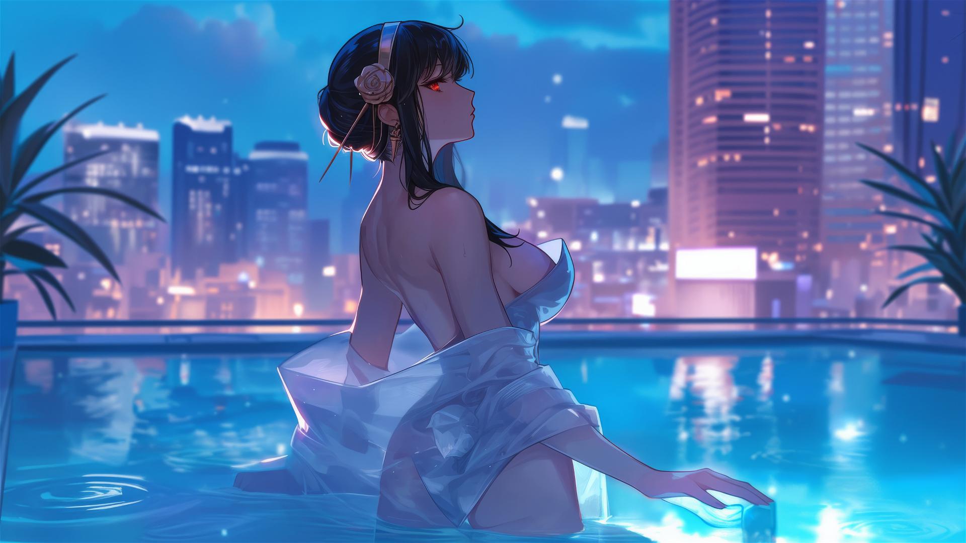 Yor Forger from Spy x Family in bunny girl outfit standing in pool under moonlight on a rainy day