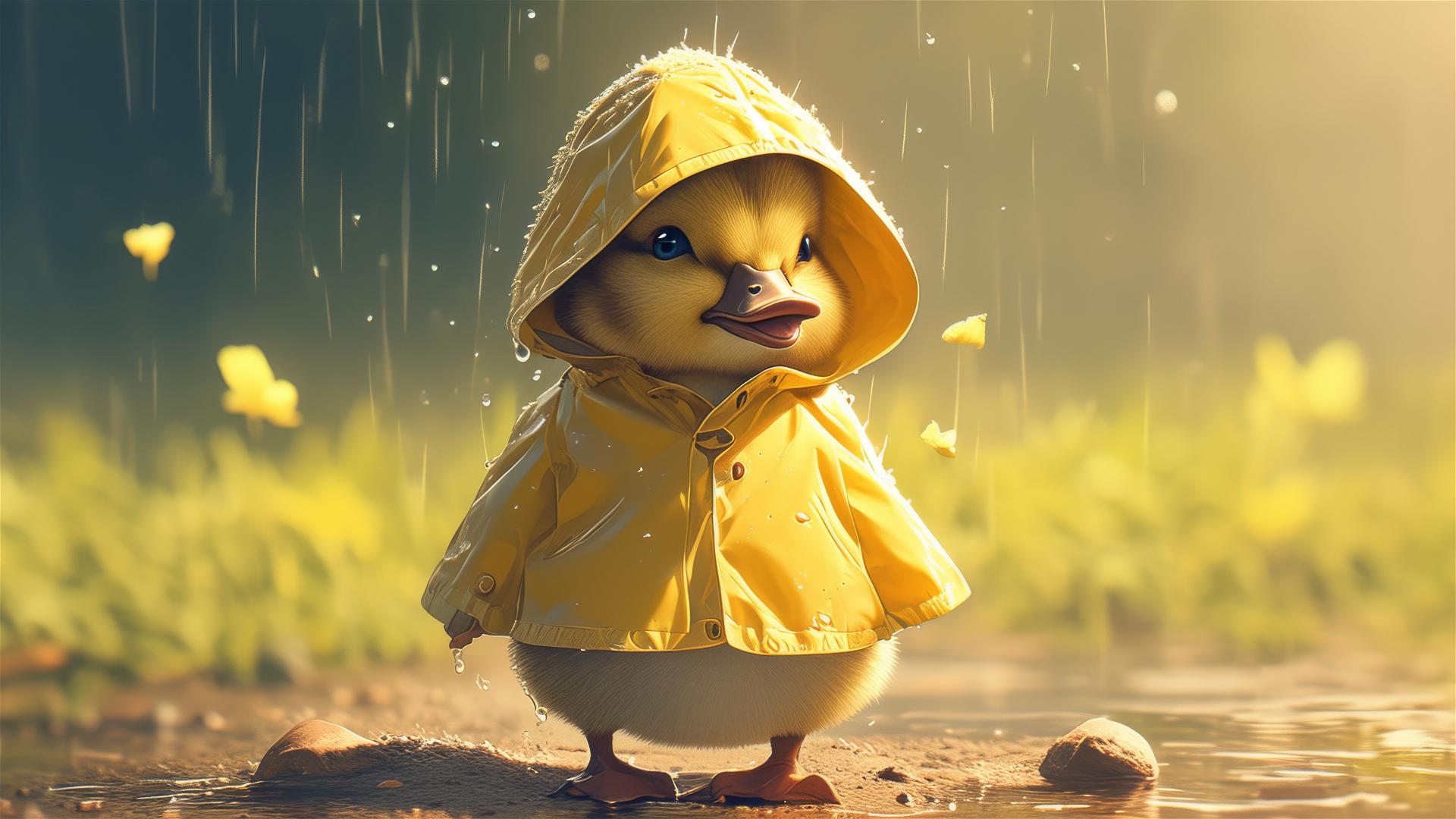 Photorealistic baby duck in yellow raincoat, film style