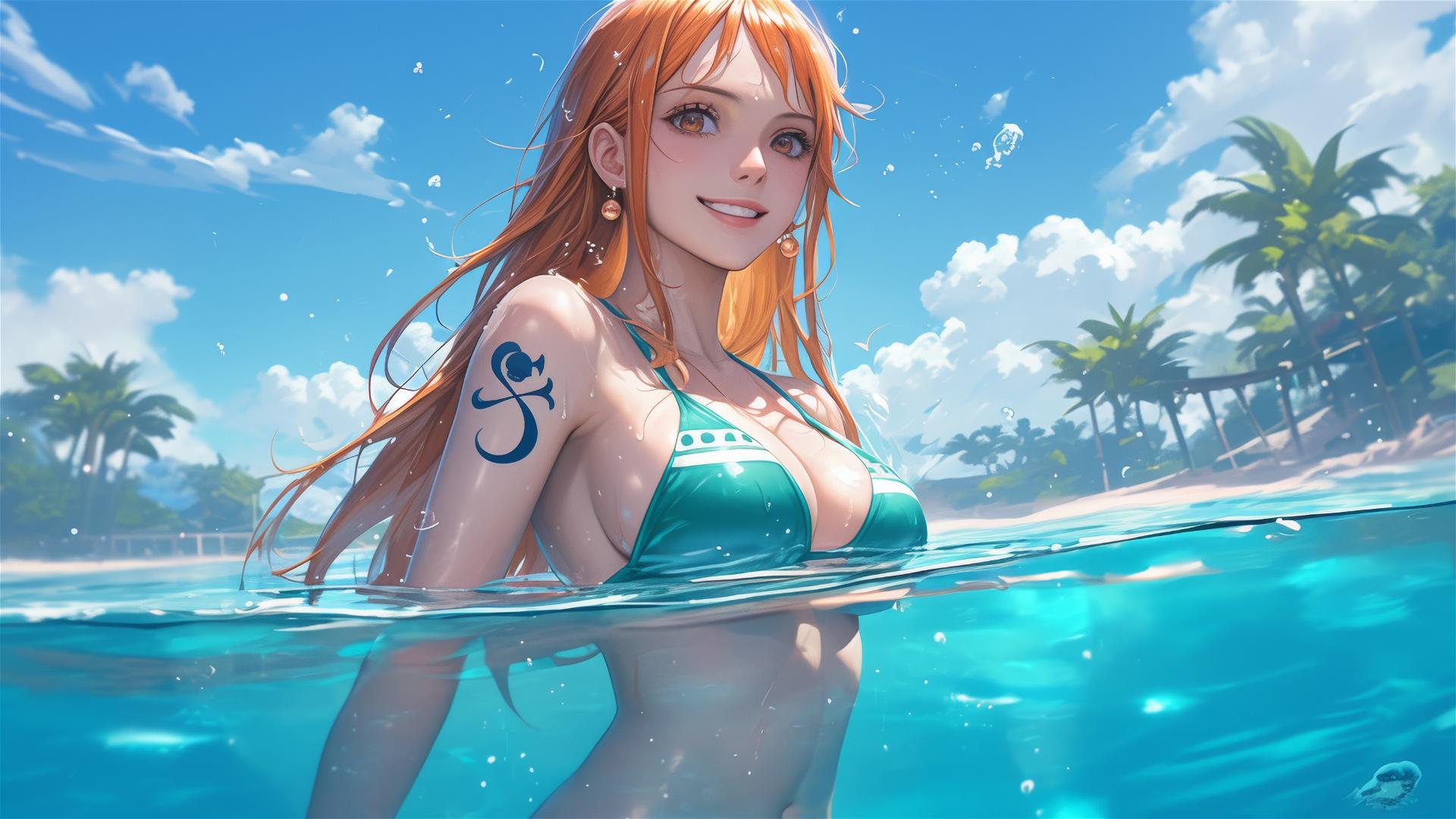 Nami from One Piece by the pool at moonlight