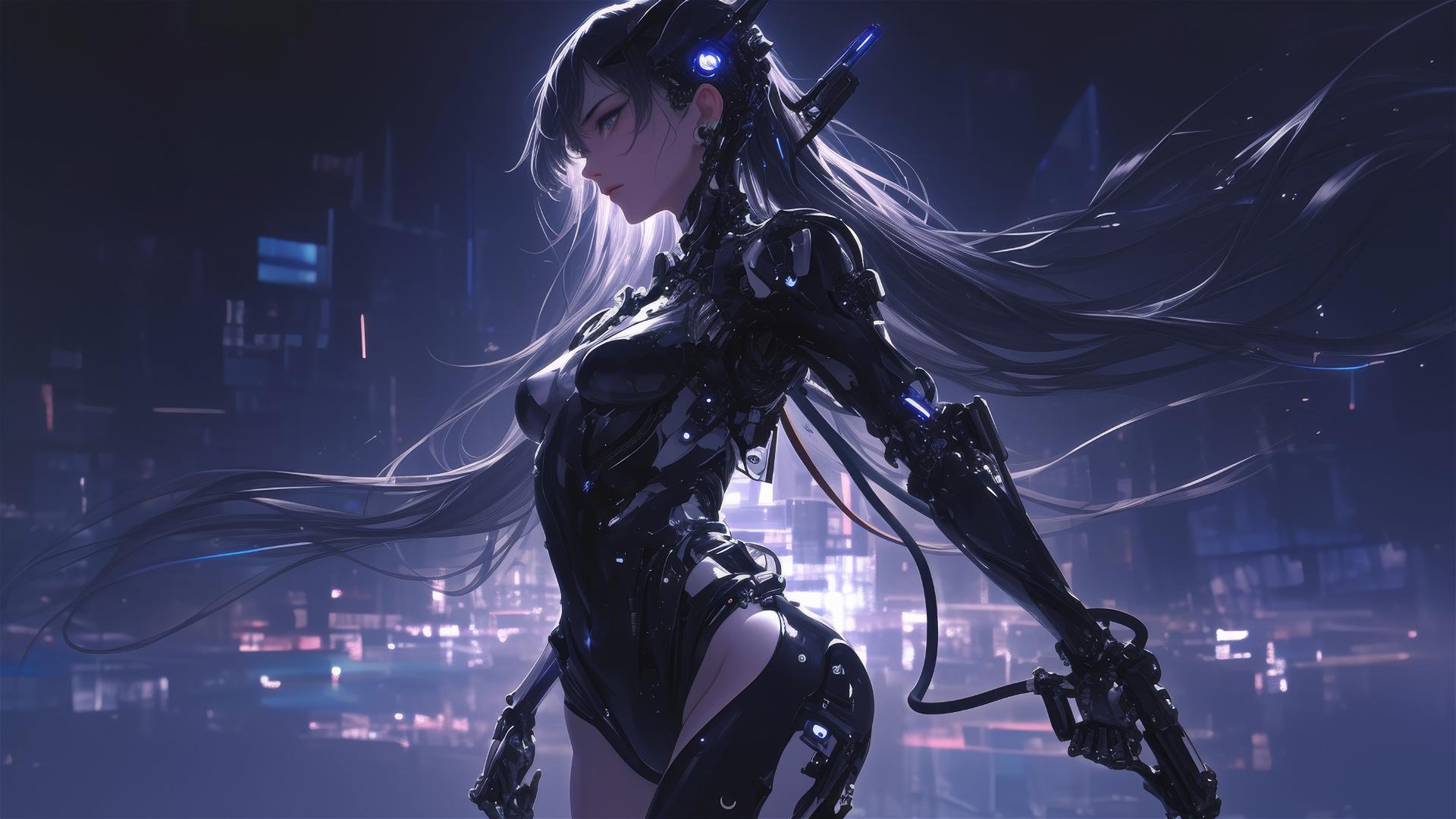 Cybernetic Agent Girl in dynamic pose with thigh focus on dark background