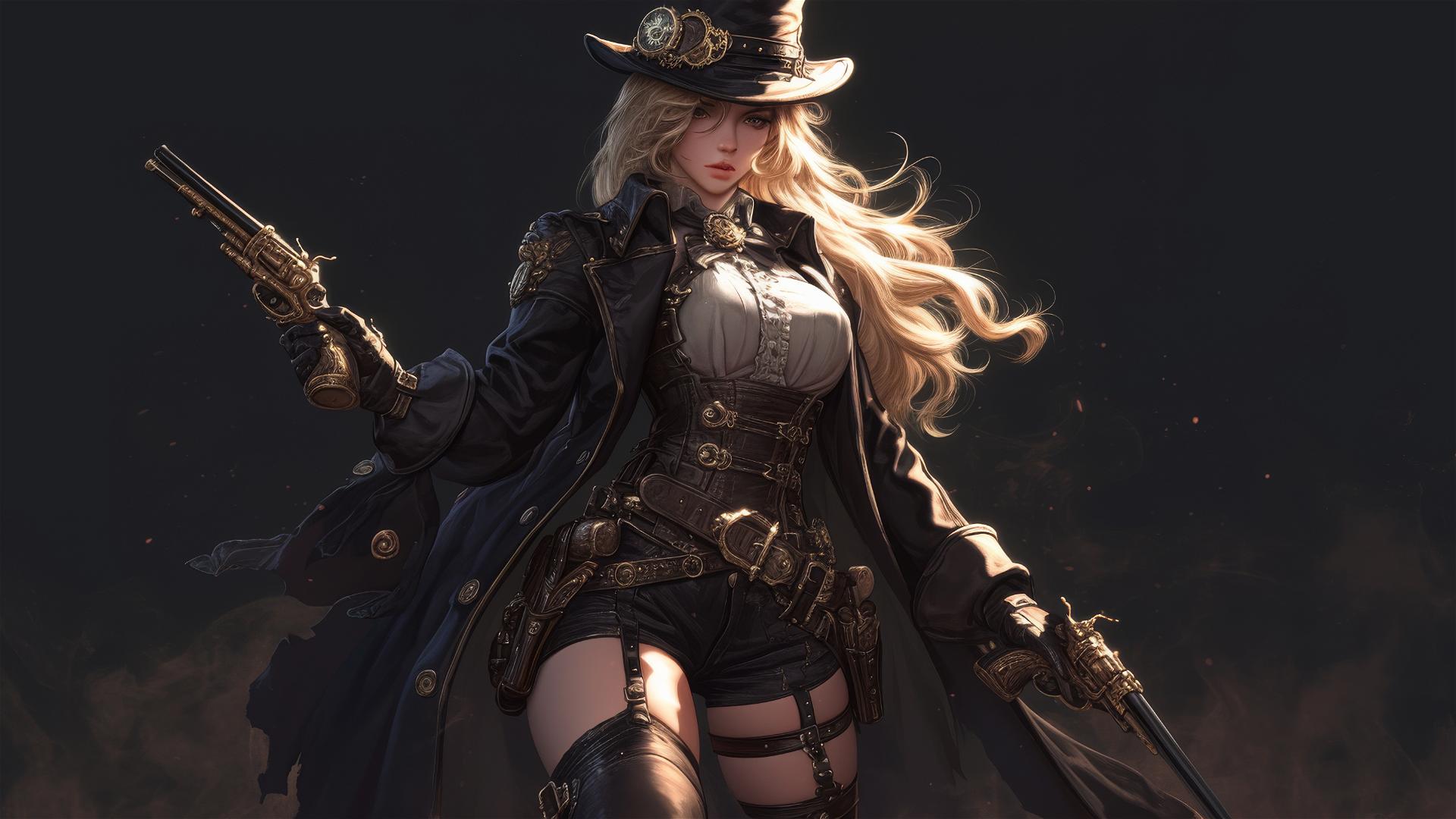 Steampunk Adventurer Girl in dynamic pose with thigh focus on dark background