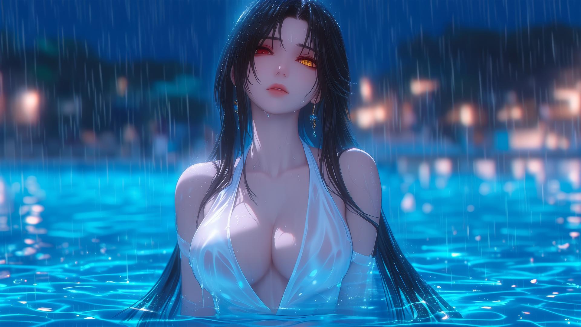 Kurumi Tokisaki in a white dress under moonlight in a rainy pool