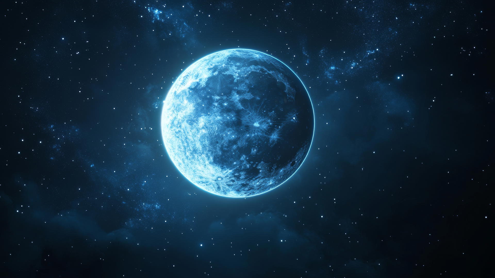 Black and blue wallpaper with celestial blue moon against pitch-black sky