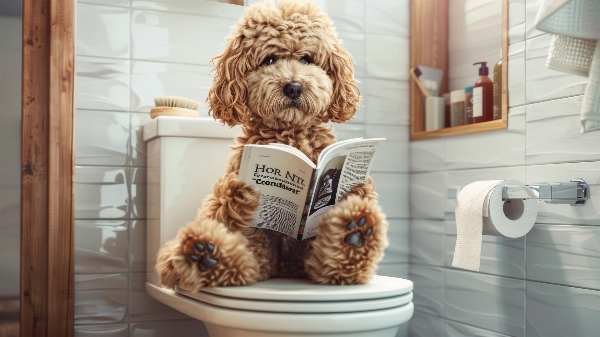Sand-colored cockapoo reading magazine on toilet, modern bathroom