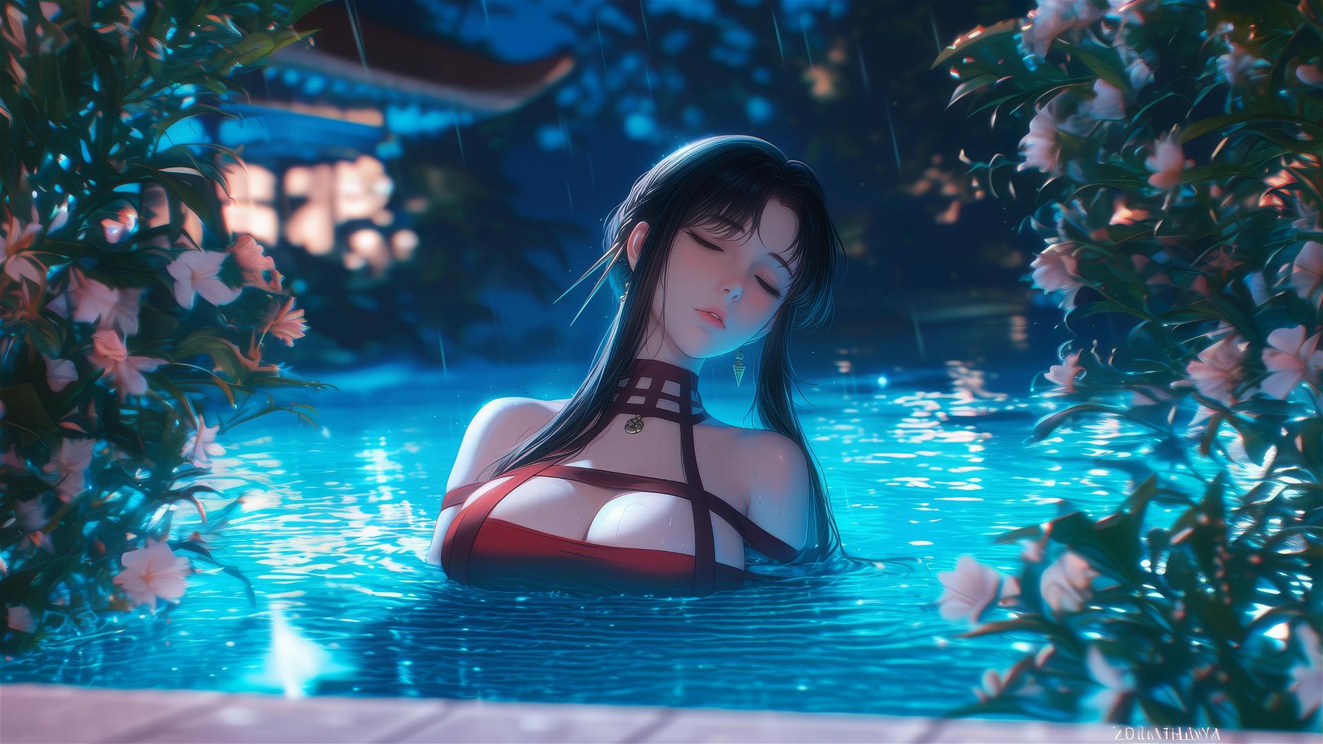 Yor Forger from Spy x Family resting by a rainy pool under moonlight