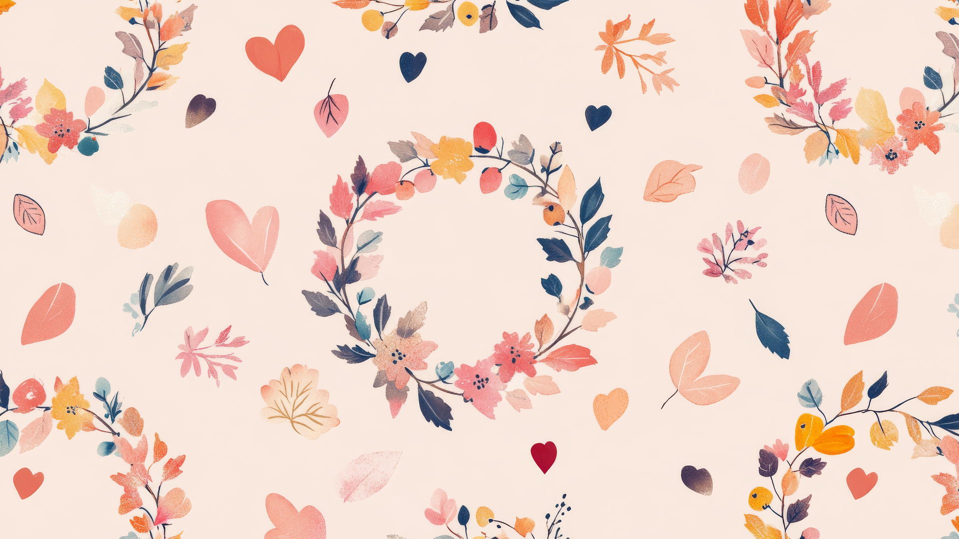 preppy autumn wallpaper with pastel-colored wreaths of leaves, berries, and flowers on a light pink background