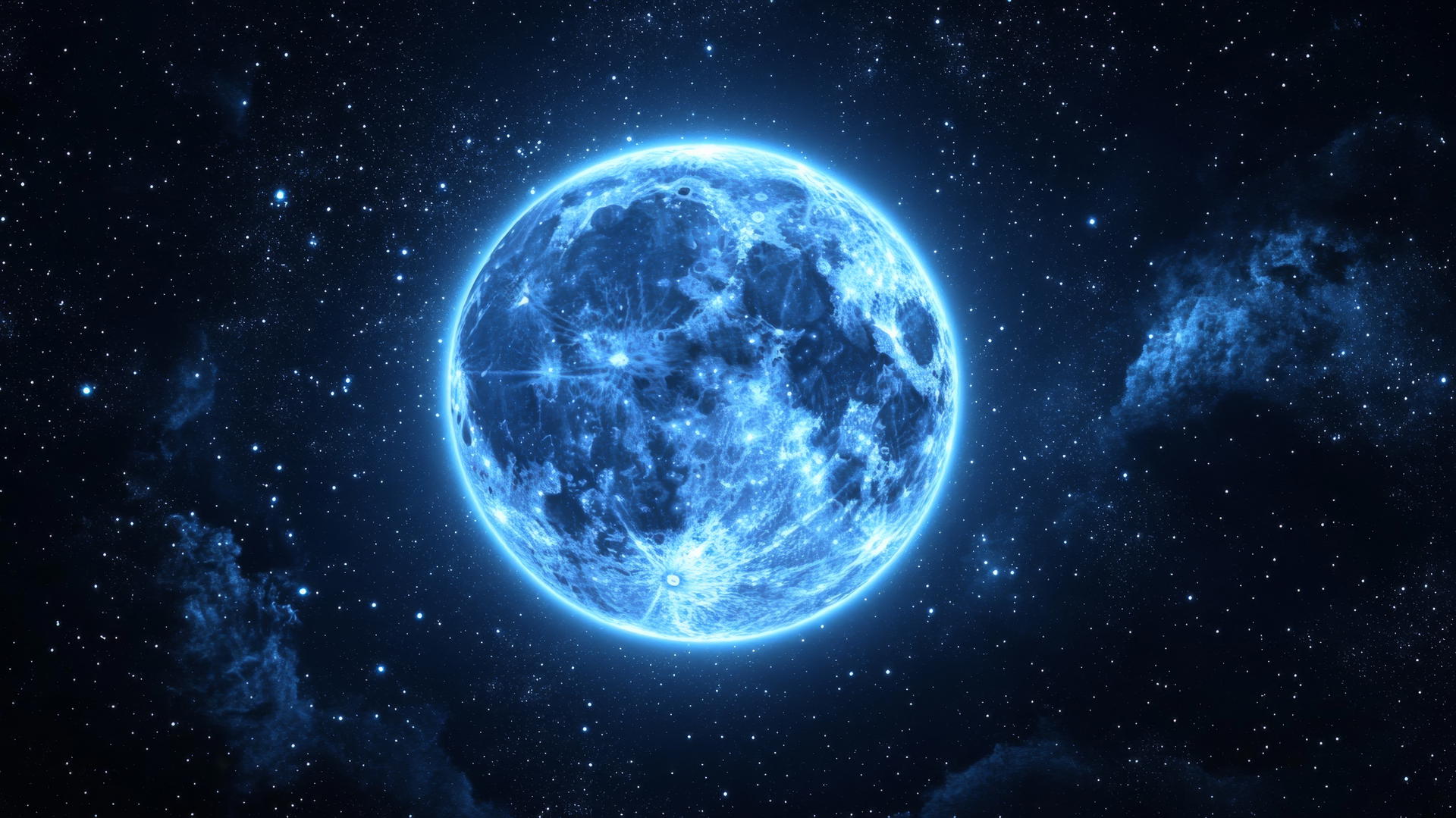 black and blue wallpaper with celestial blue moon and twinkling stars
