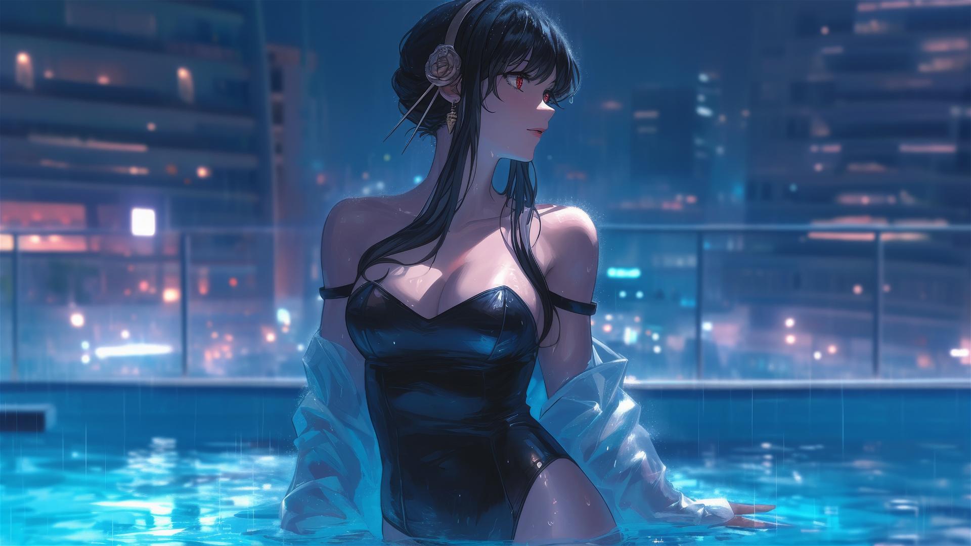 Yor Forger in white bunny outfit standing in pool under moonlight, rain