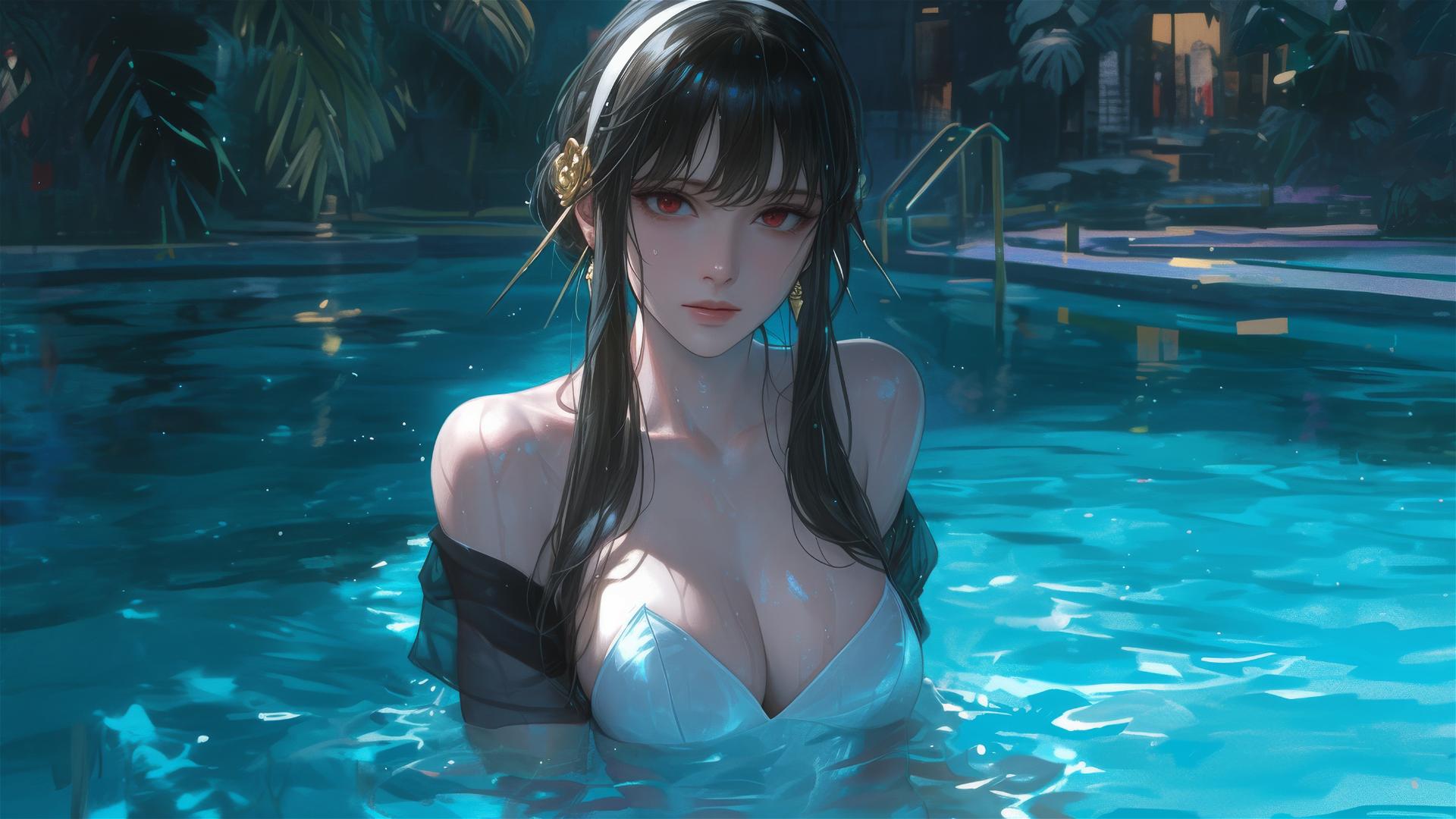 Yor Forger in bunny girl outfit standing in pool under moonlight on rainy day