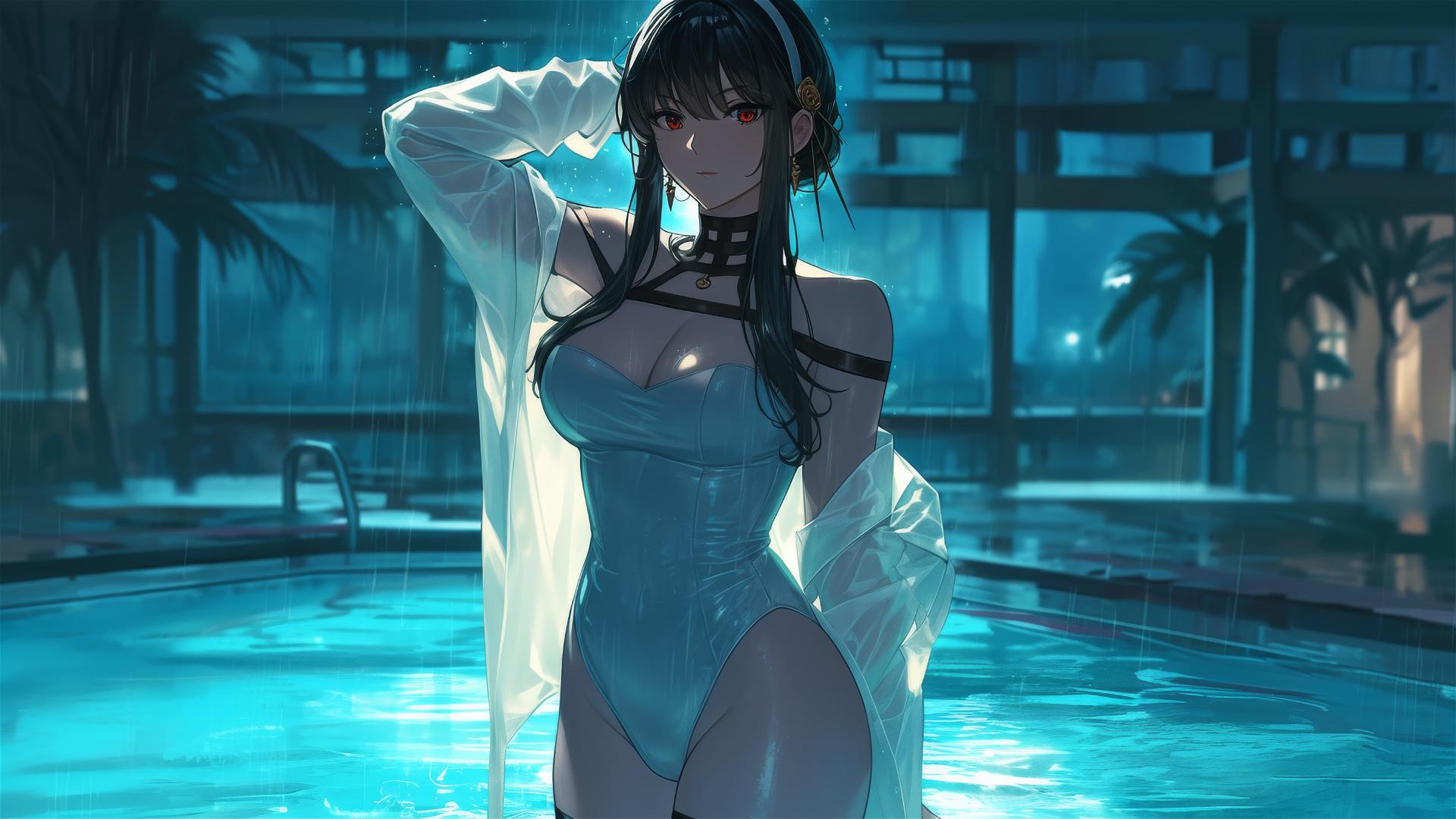 Yor Forger from Spy x Family as a bunny girl in a pool, white outfit under moonlight.