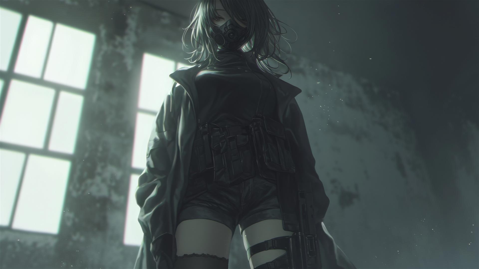 Tactical schoolgirl with thigh focus and dark mask in spotlight