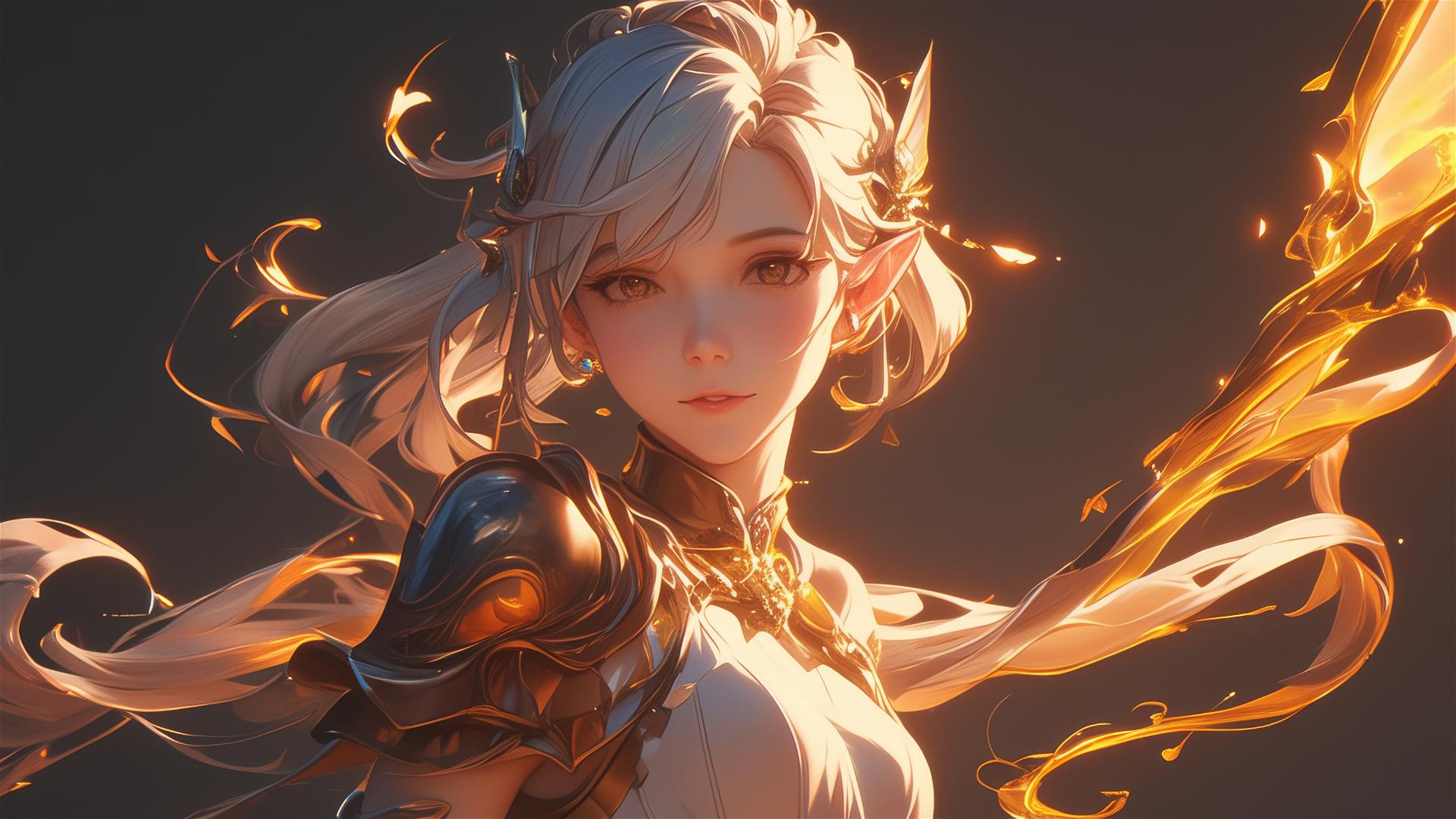 Fantasy Elf girl in dynamic pose with spotlight on dark background