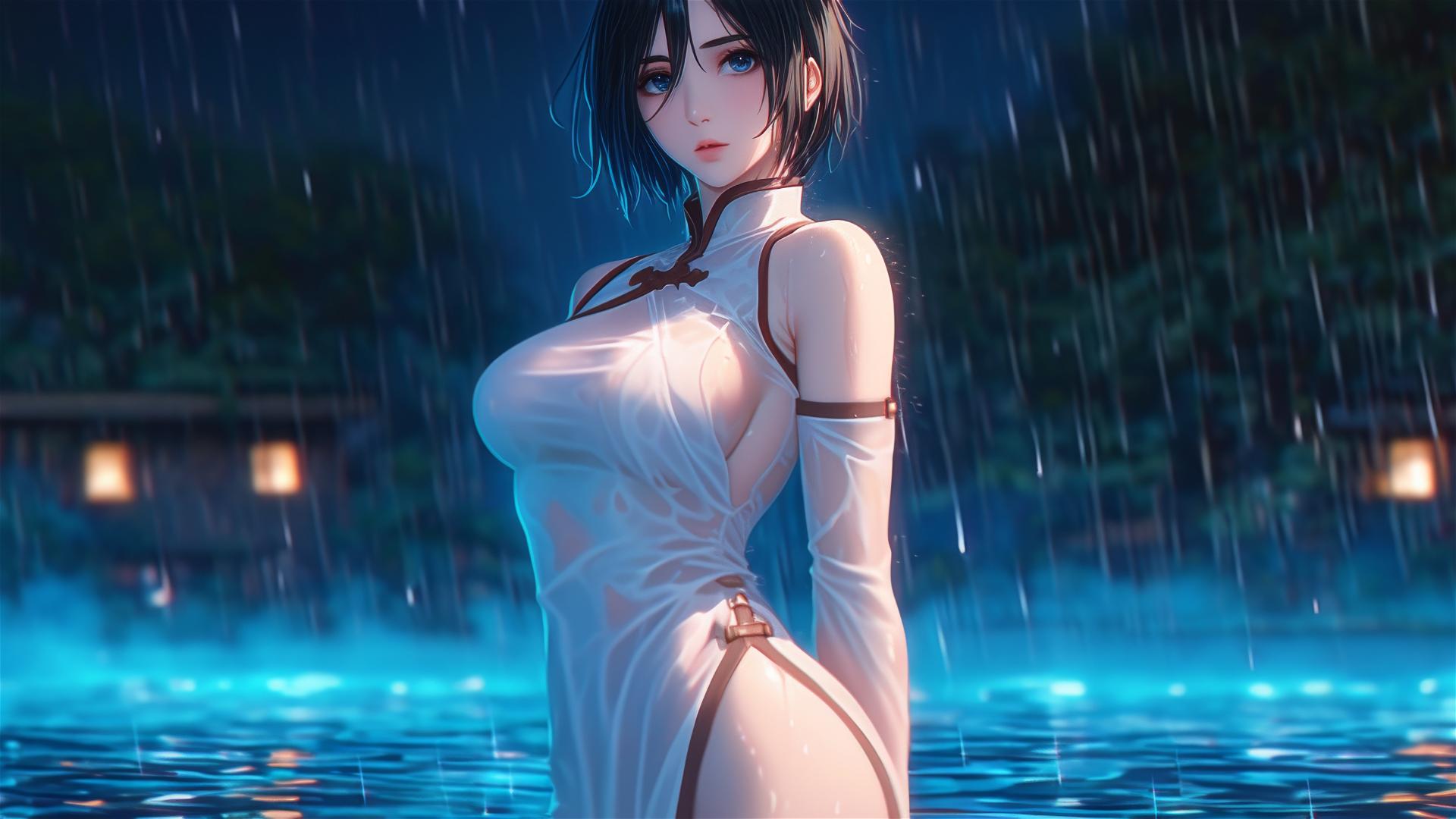 Mikasa Ackerman in pink dress standing in a rainy pool under moonlight