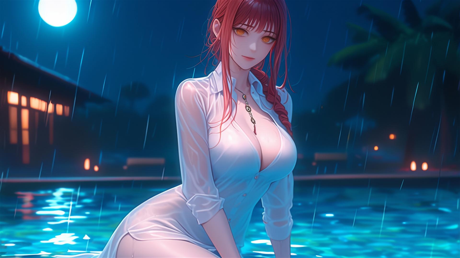 Makima from Chainsaw Man resting by a pool, moonlit with huge rain