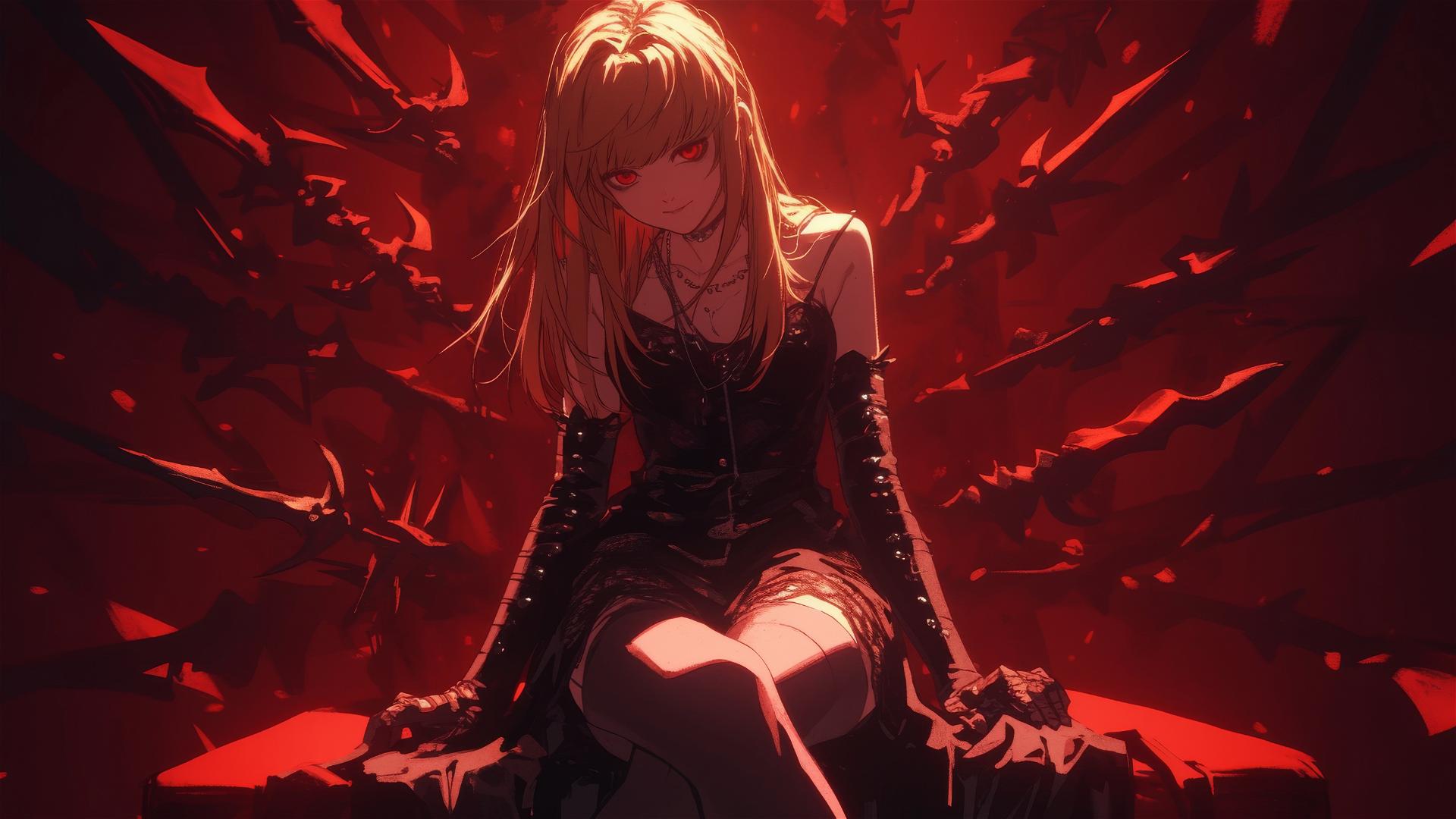 Misa Amane with red eyes on dark background, thigh focus with spotlight