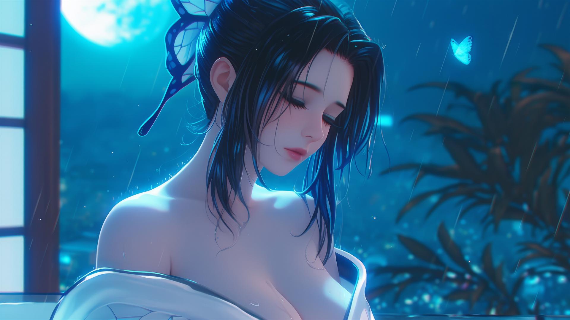 Shinobu Kocho of Demon Slayer, resting in a tub under moonlit glow