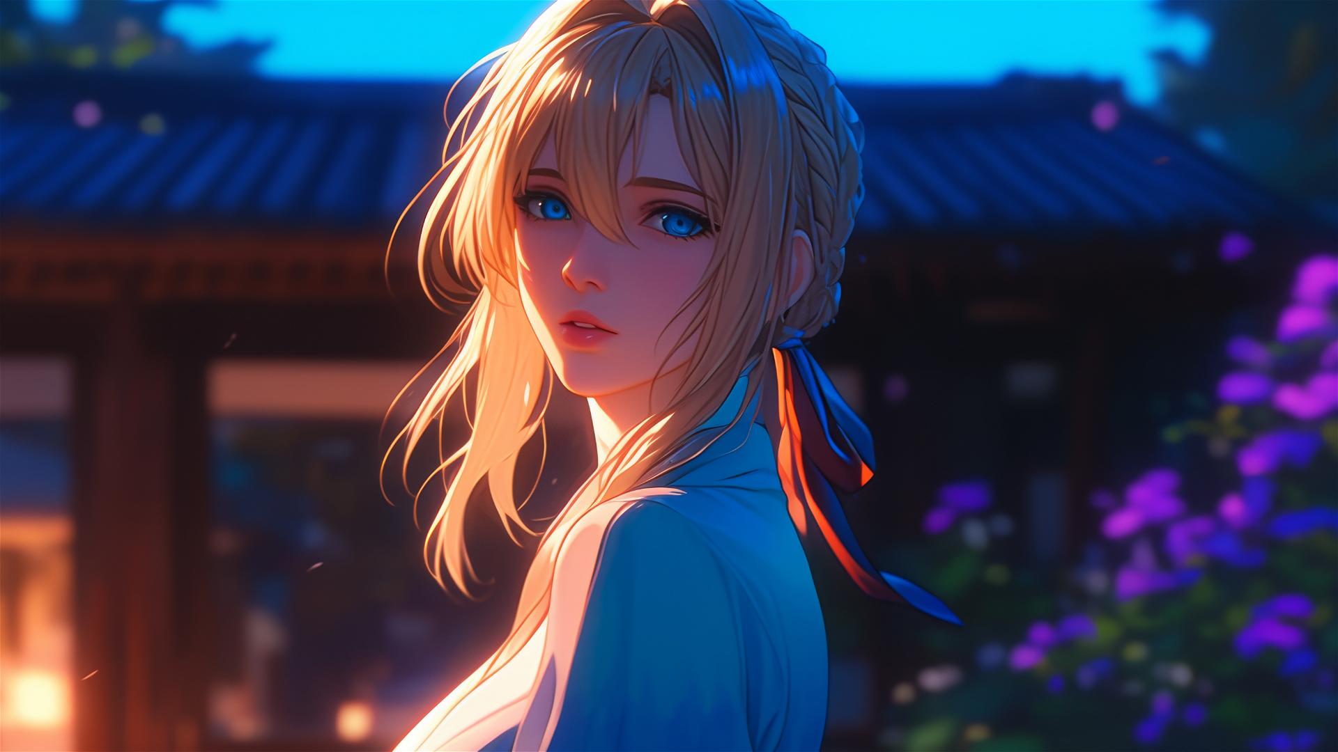 Violet Evergarden standing leisurely at house under the soft moonlight