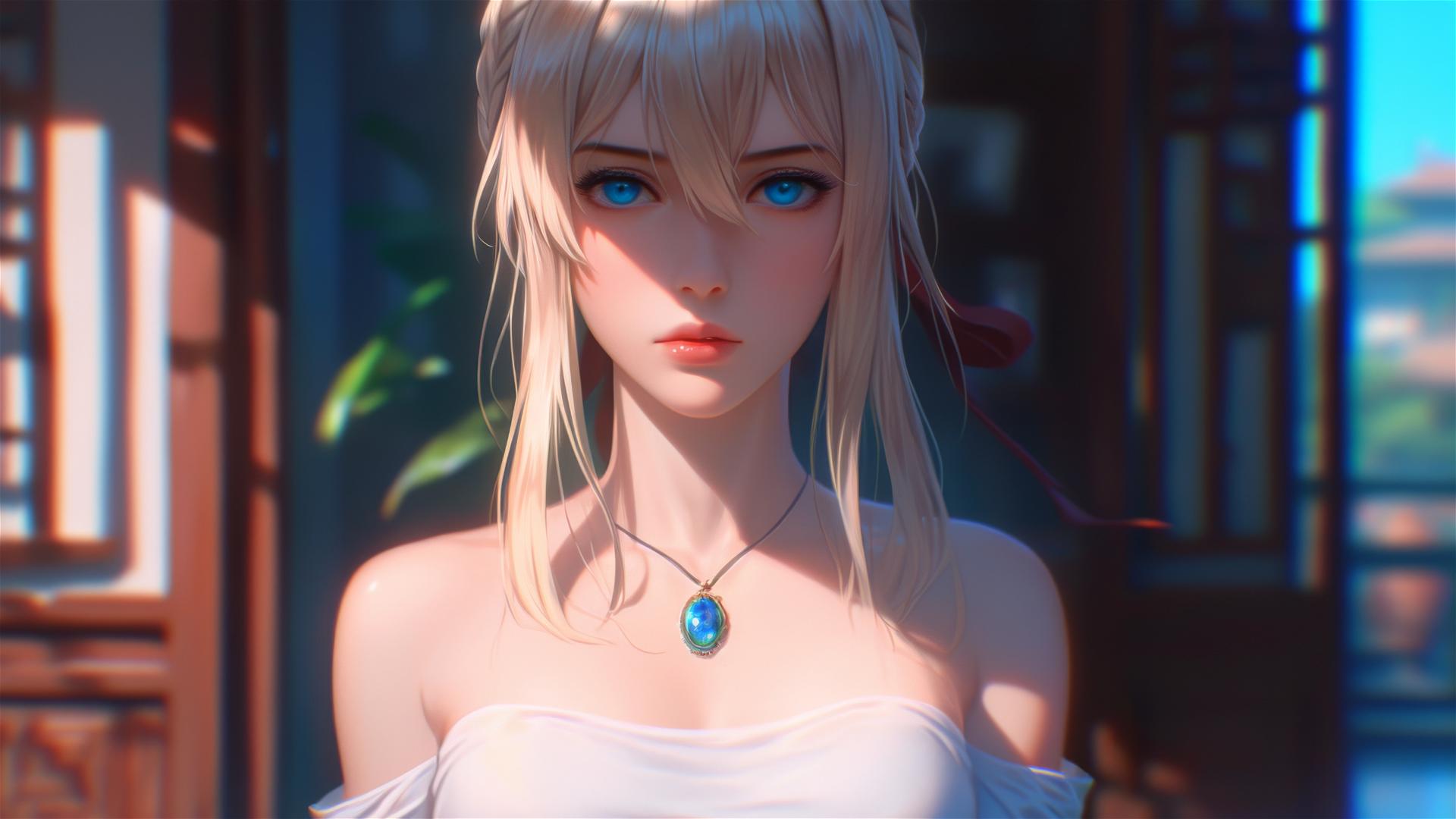 Violet Evergarden standing at her house under the moonlight