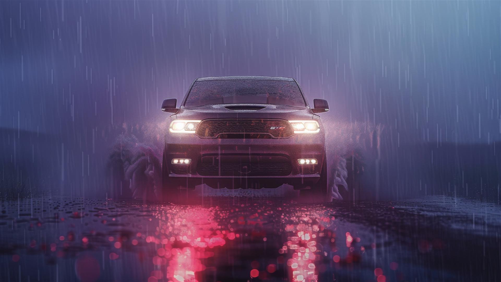 dodge durango, Dim_Lighting, Gothic gloomy, 8k smooth, closeup view, foggy, Photorealistic